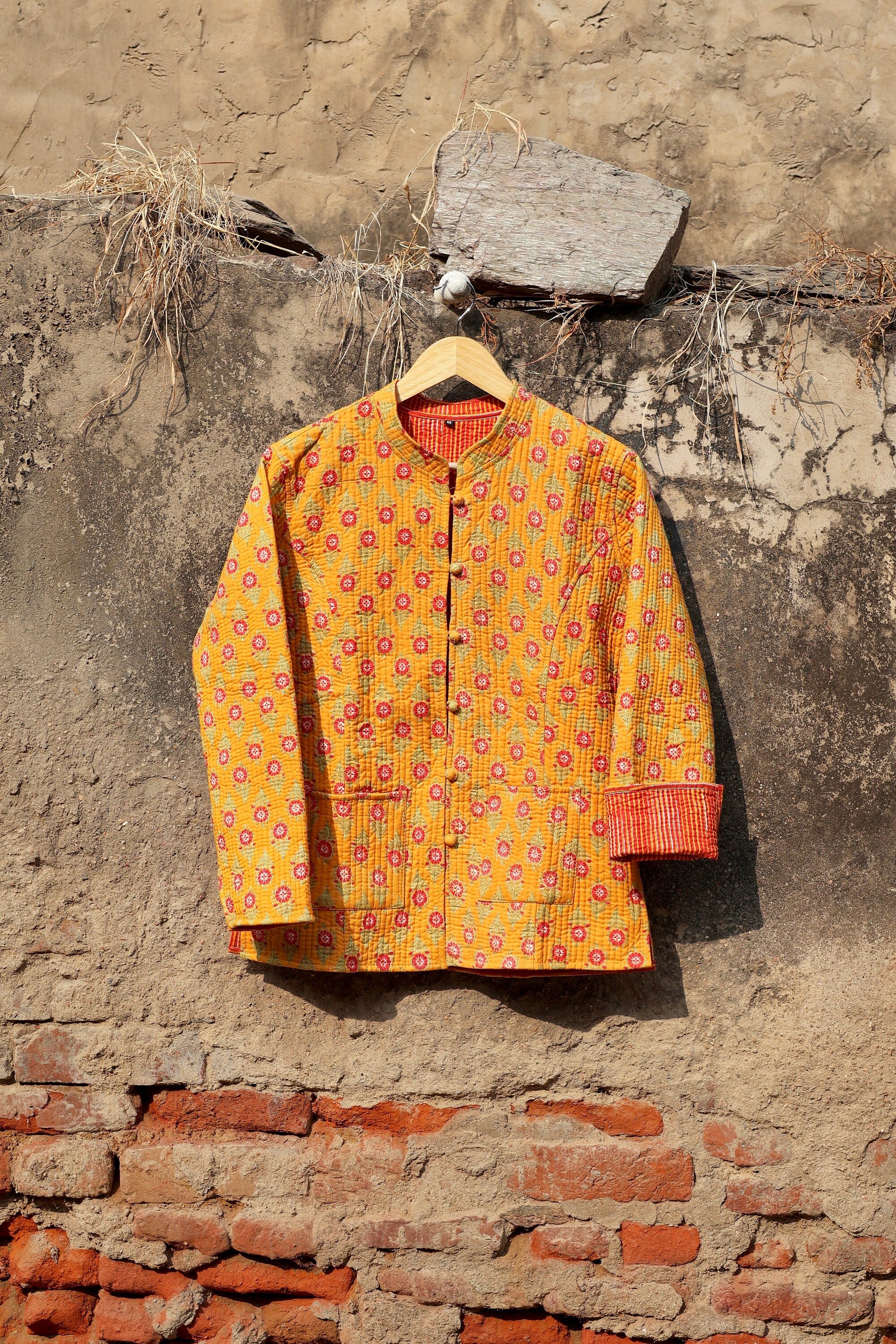 Indian Handmade Quilted Kantha Cotton Fabric Jacket Stylish Yellow Floral Women's Coat, Reversible Waistcoat for Her