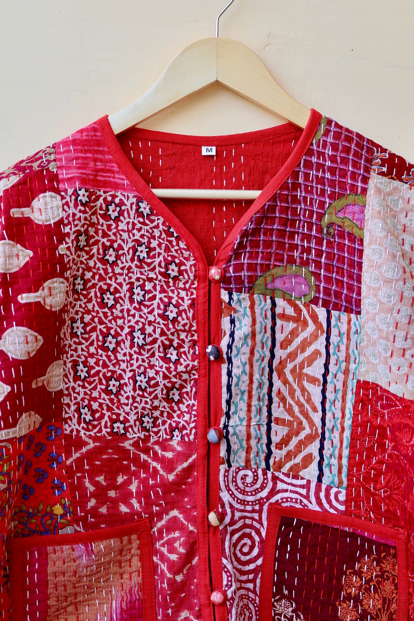 Indian Handmade Red Kantha Patchwork Quilted Jacket, Stylish Patchwork Women's Coat, Winter Spring Reversible Kantha Jacket for Her