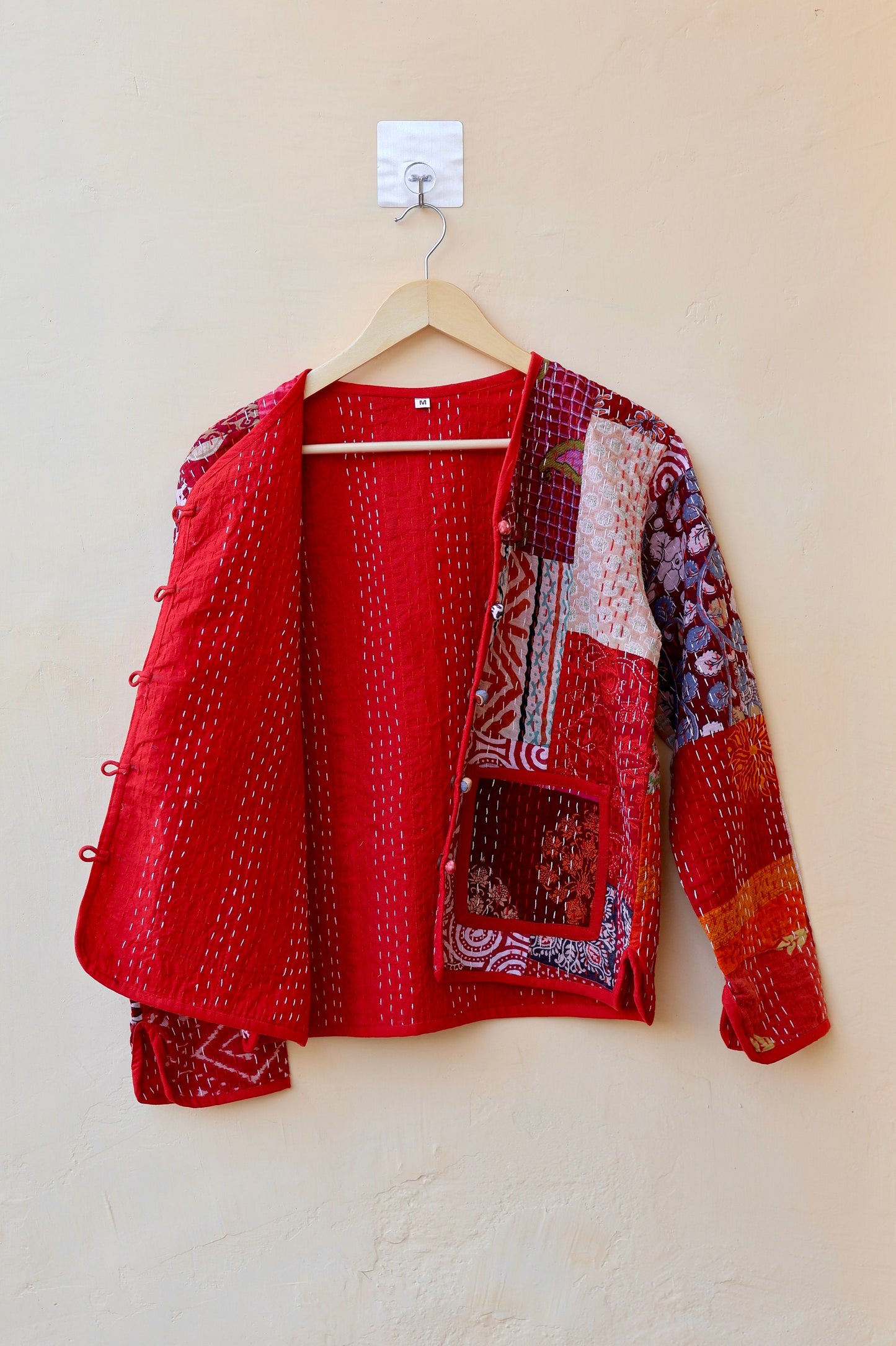 Indian Handmade Red Kantha Patchwork Quilted Jacket, Stylish Patchwork Women's Coat, Winter Spring Reversible Kantha Jacket for Her