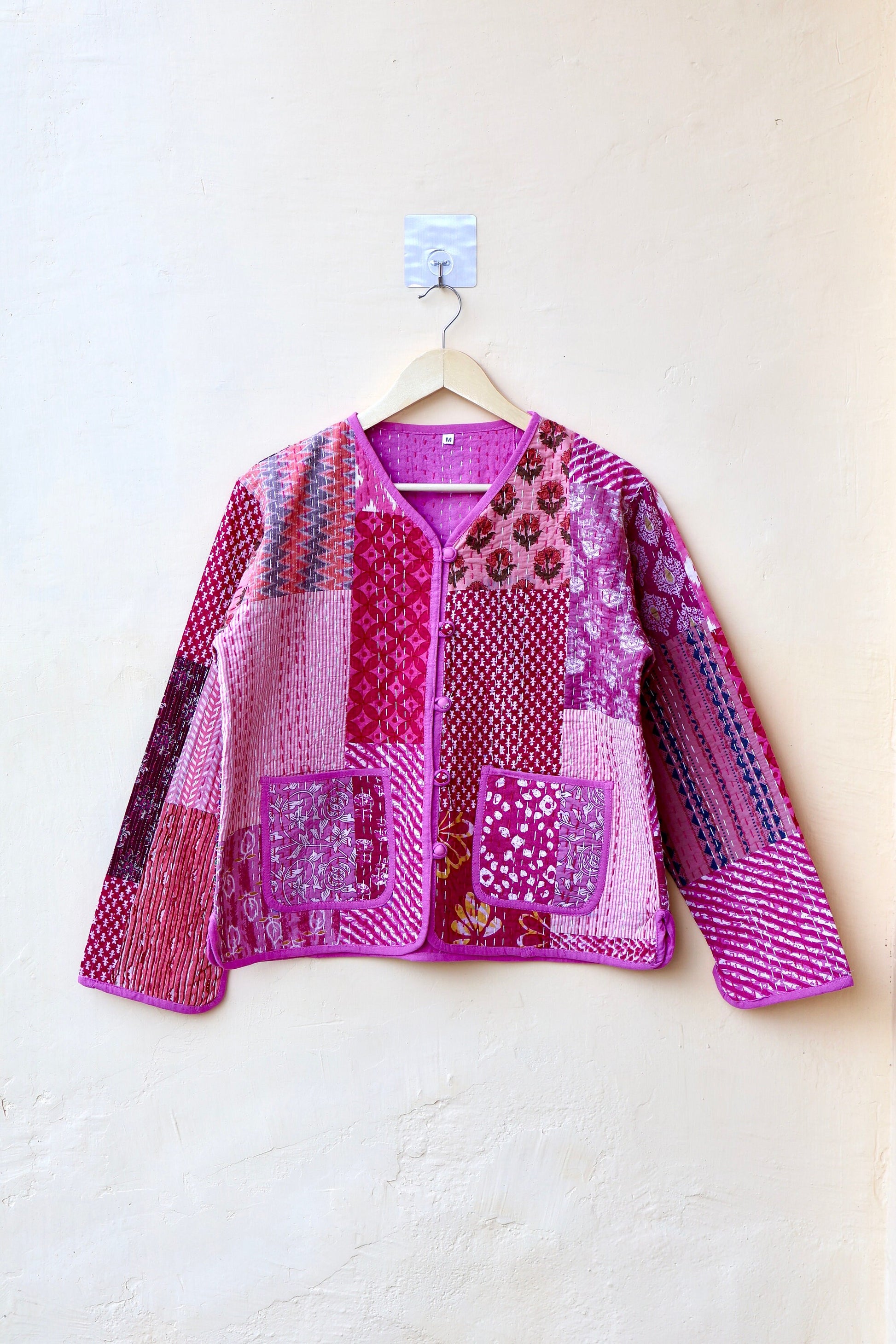 Pink Patchwork Kantha Quilted Jacket, Indian Handmade Stylish Patchwork Women's Coat, Winter Spring Reversible Kantha Jacket for Her