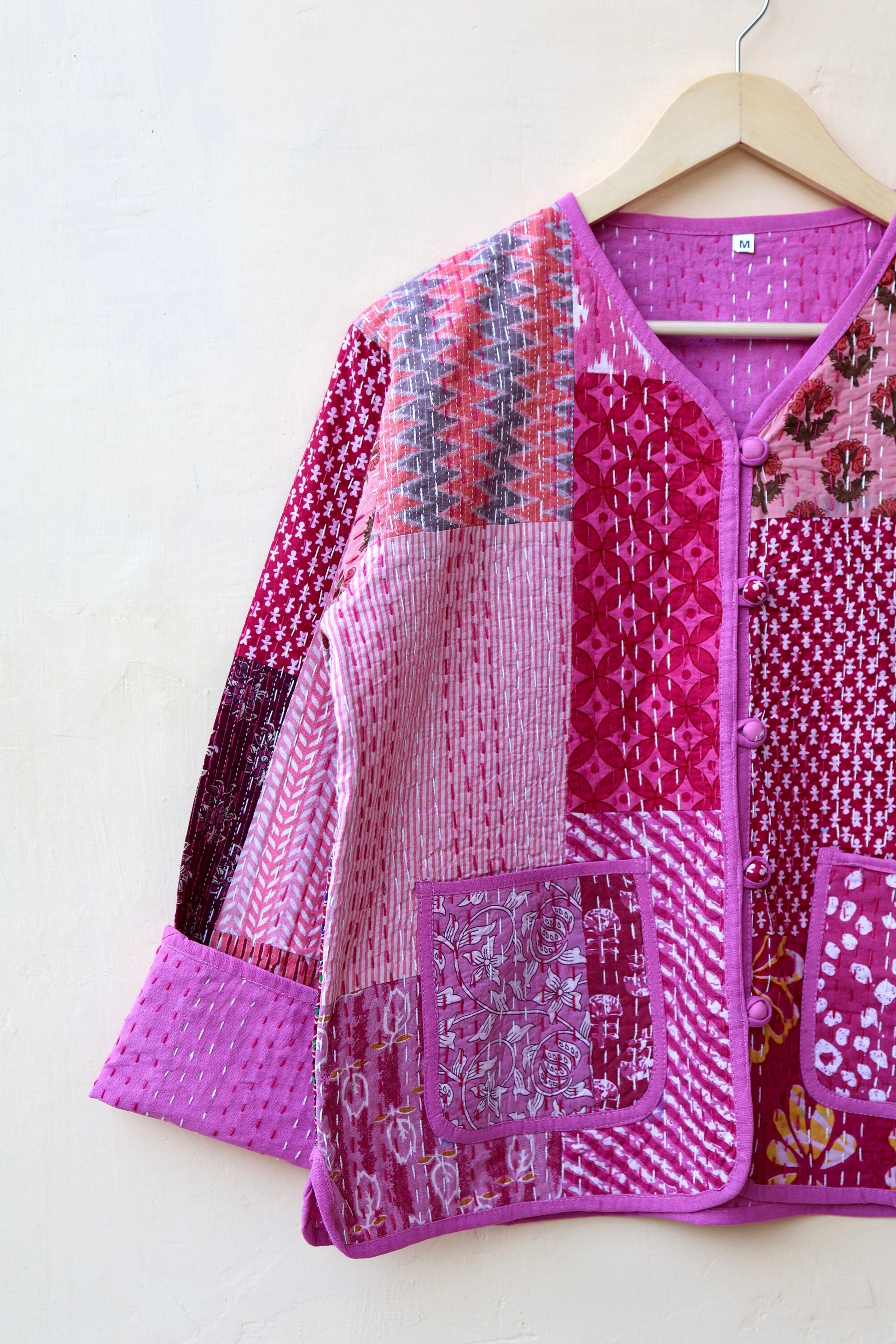 Pink Patchwork Kantha Quilted Jacket, Indian Handmade Stylish Patchwork Women's Coat, Winter Spring Reversible Kantha Jacket for Her