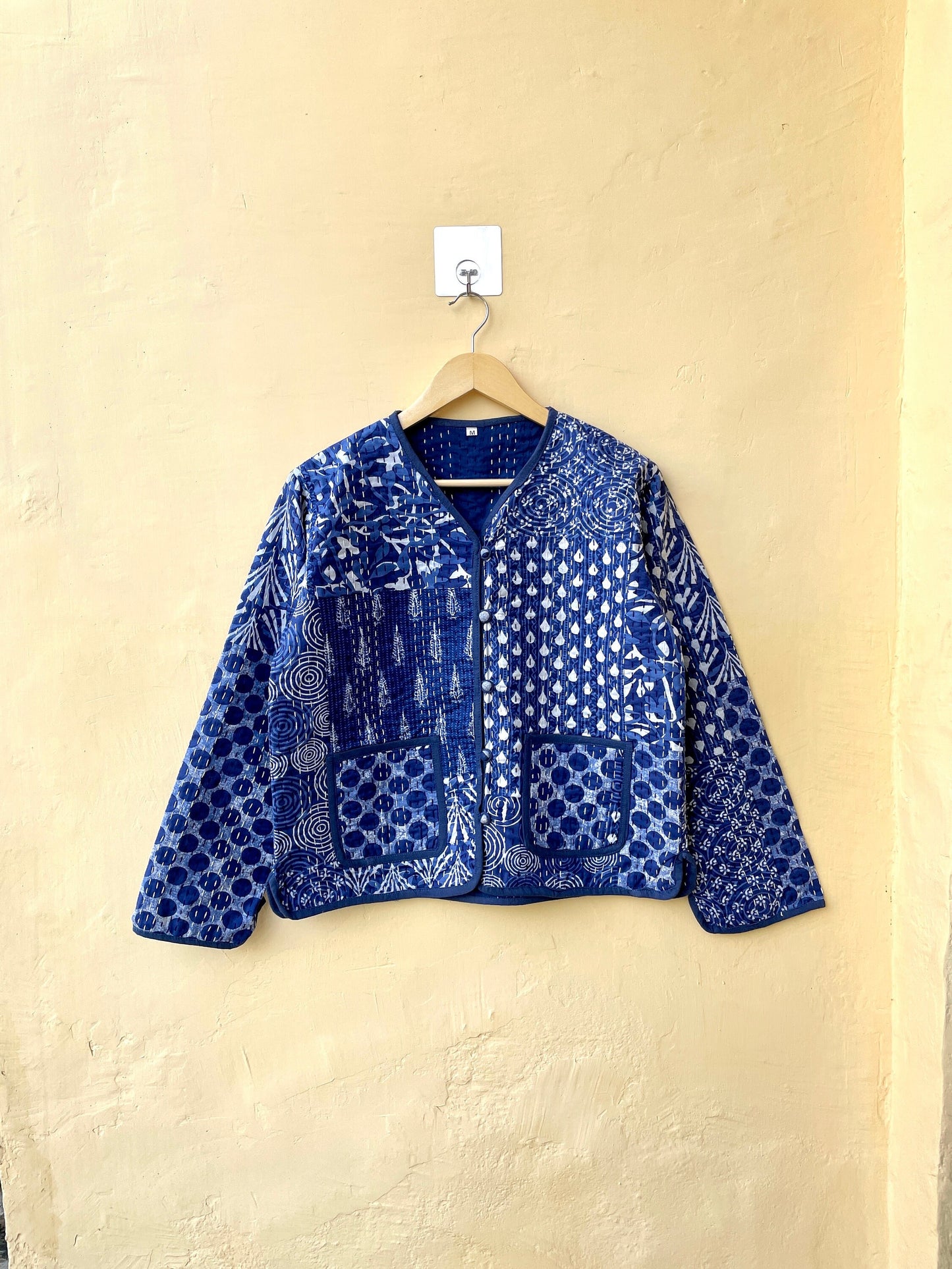 Indigo Patchwork Kantha Quilted Jacket, Indian Handmade Stylish Blue Patchwork Women's Coat, Winter Spring Reversible Kantha Jacket for Her