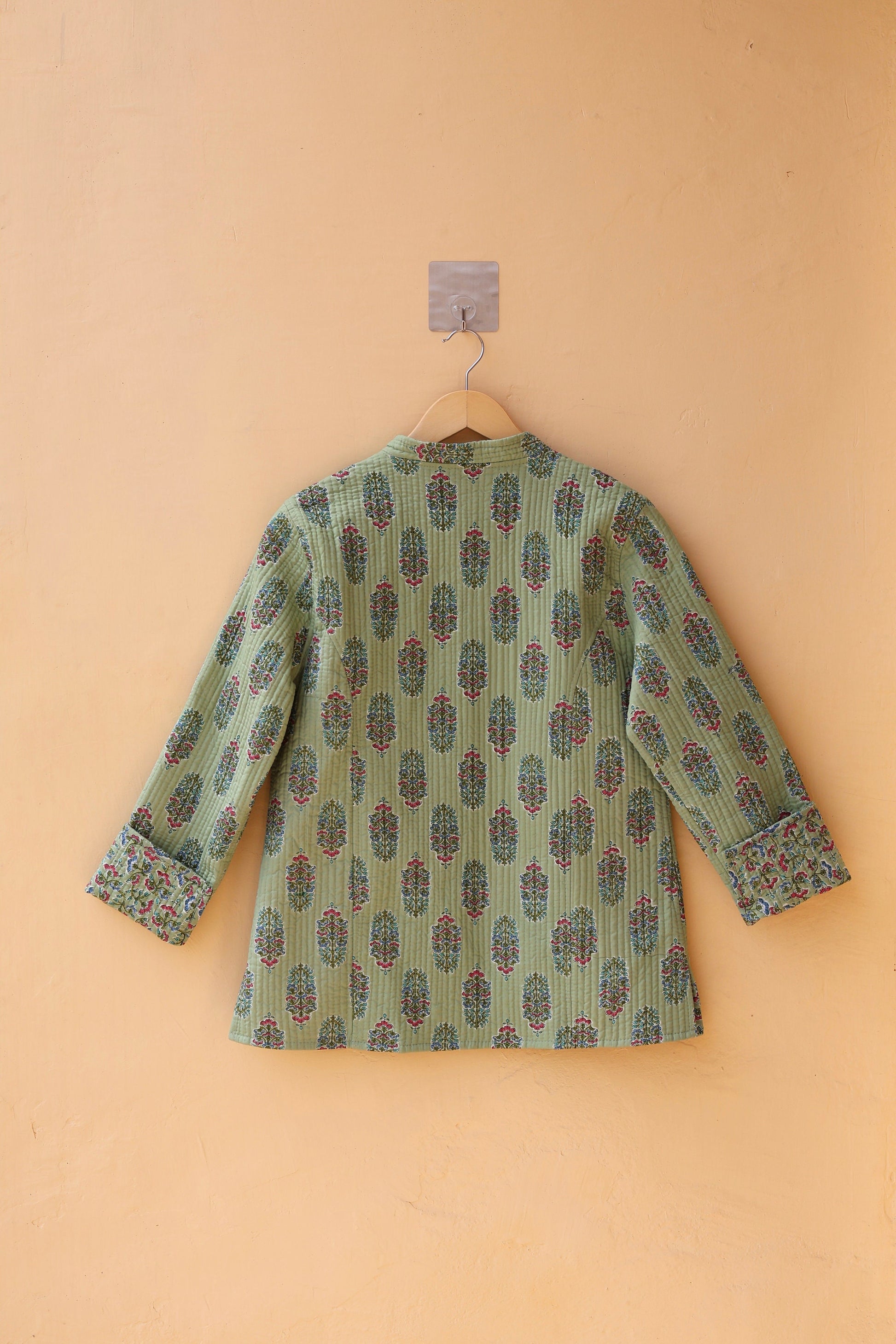 Indian Handmade Quilted Cotton Kantha Jacket Stylish Green Floral Women's Coat, Reversible Waistcoat for Her