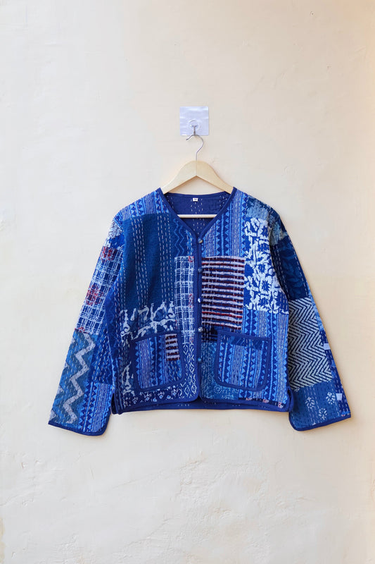 Patchwork Kantha Quilted Jacket, Indian Handmade Stylish Blue Patchwork Women's Coat, Winter Spring Reversible Kantha Jacket for Her