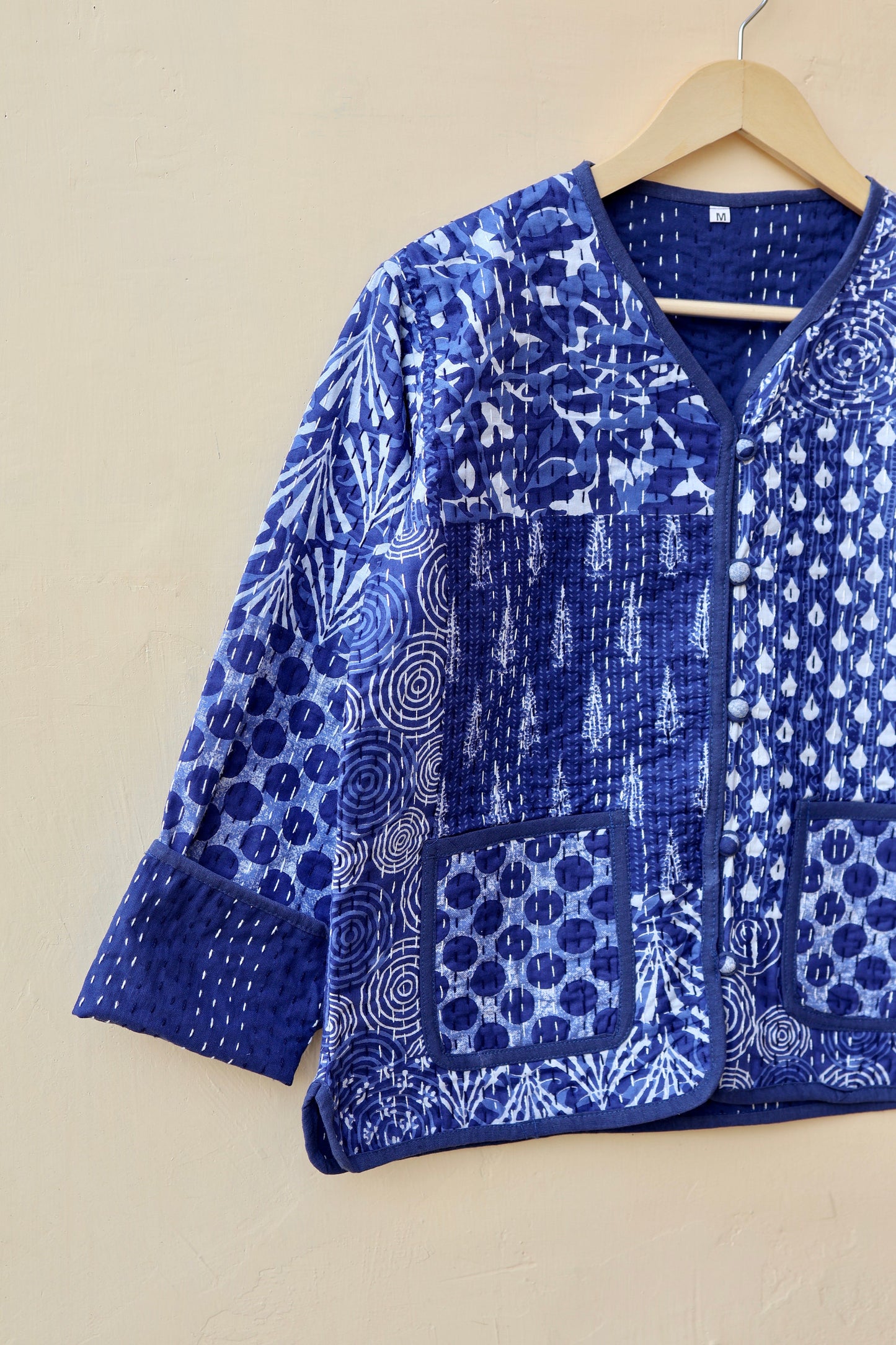 Indigo Patchwork Kantha Quilted Jacket, Indian Handmade Stylish Blue Patchwork Women's Coat, Winter Spring Reversible Kantha Jacket for Her