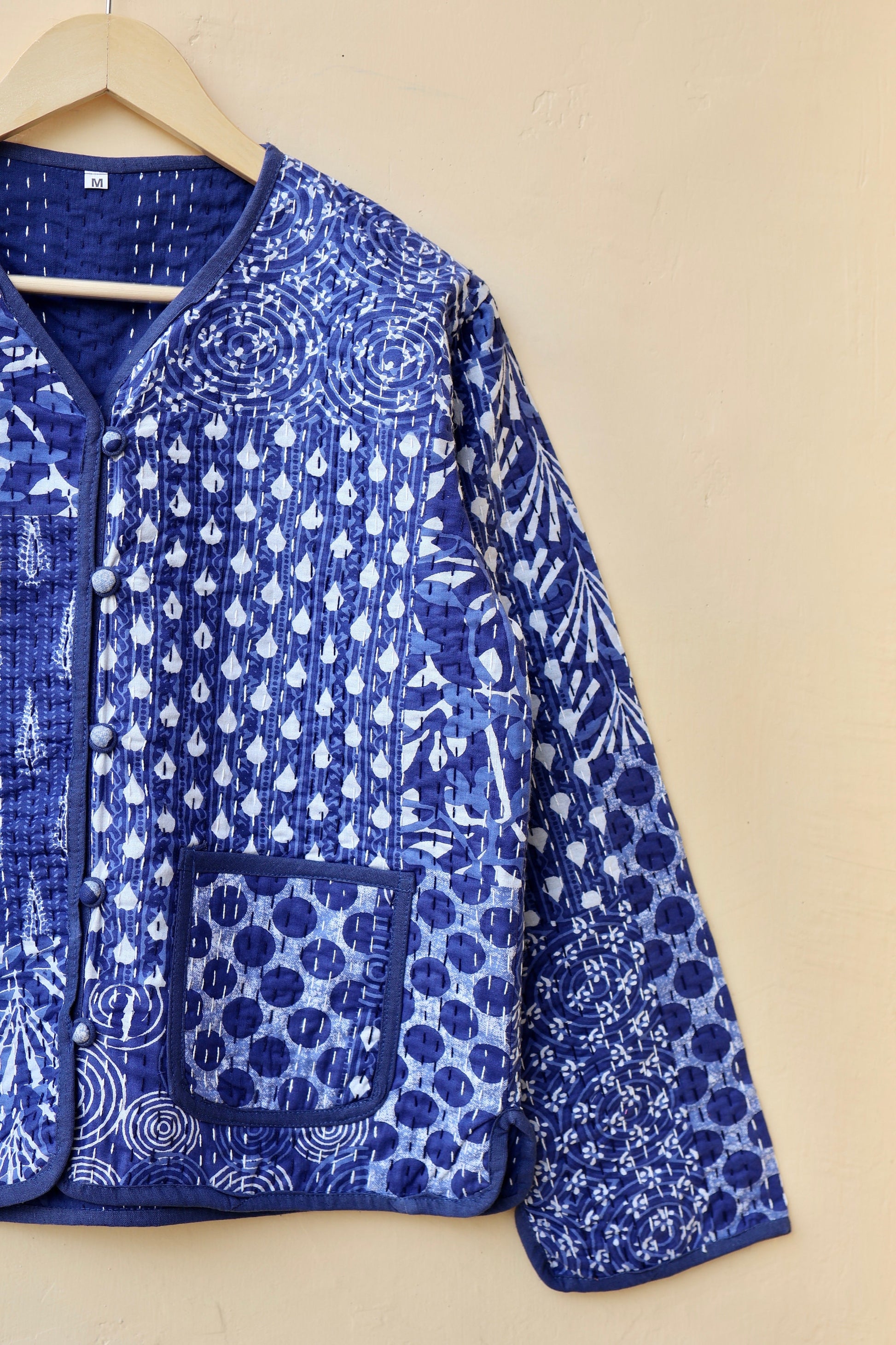 Indigo Patchwork Kantha Quilted Jacket, Indian Handmade Stylish Blue Patchwork Women's Coat, Winter Spring Reversible Kantha Jacket for Her