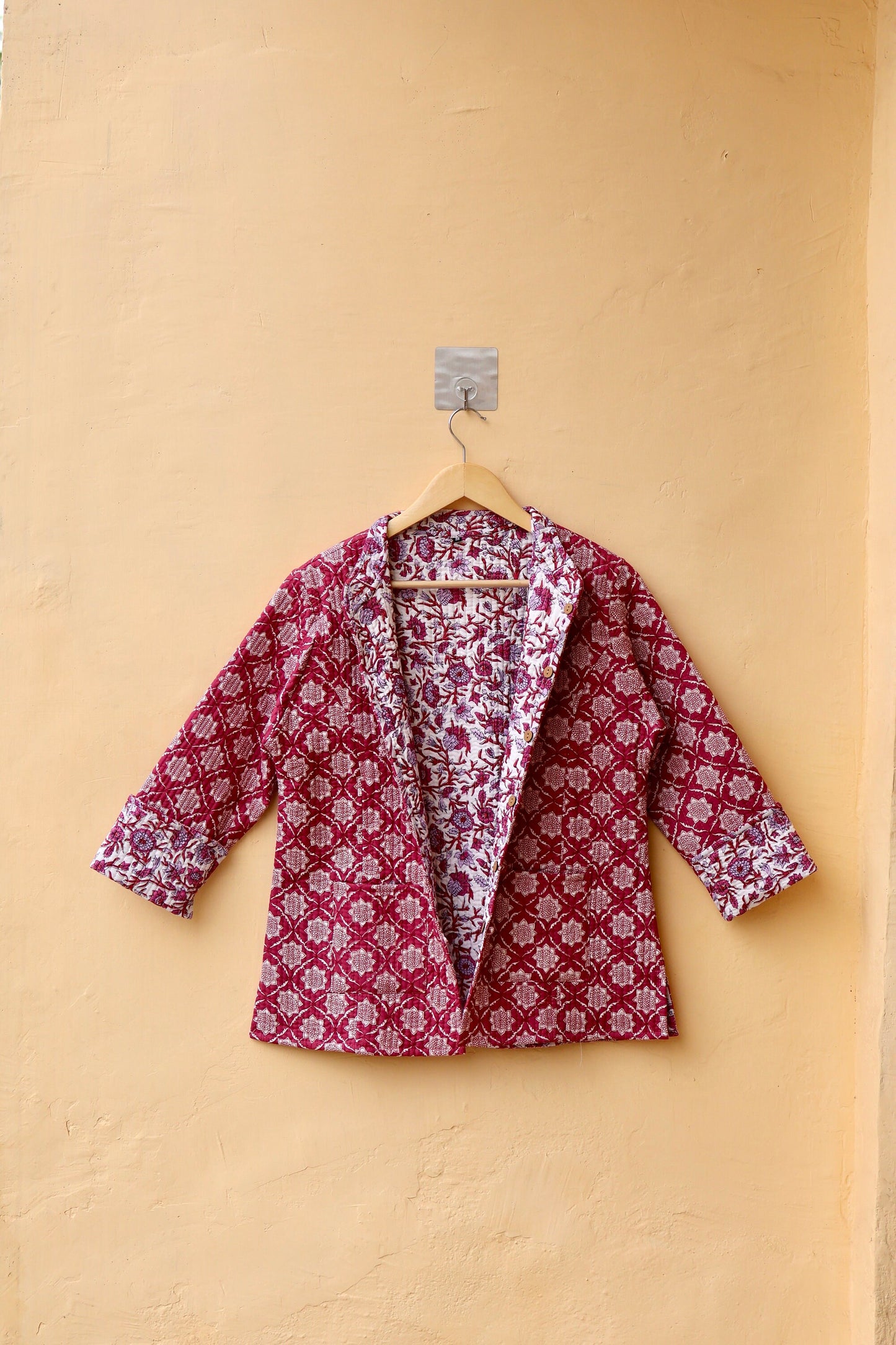Kantha Quilted Cotton Jacket Stylish Red Floral Women's Coat, Indian Handmade Reversible Waistcoat for Her