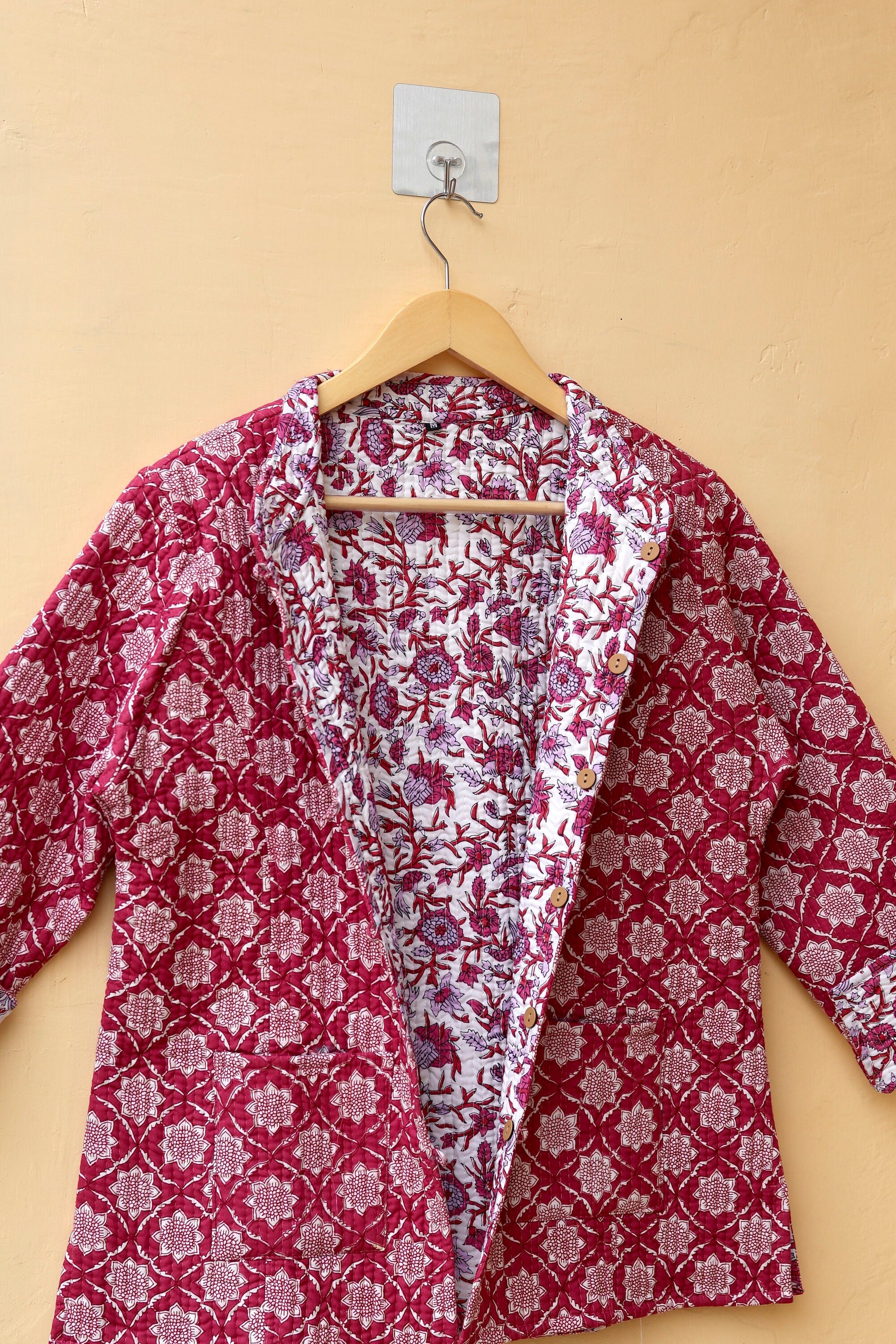 Kantha Quilted Cotton Jacket Stylish Red Floral Women's Coat, Indian Handmade Reversible Waistcoat for Her