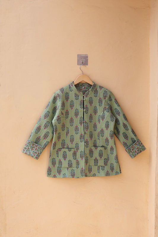 Indian Handmade Quilted Cotton Kantha Jacket Stylish Green Floral Women's Coat, Reversible Waistcoat for Her