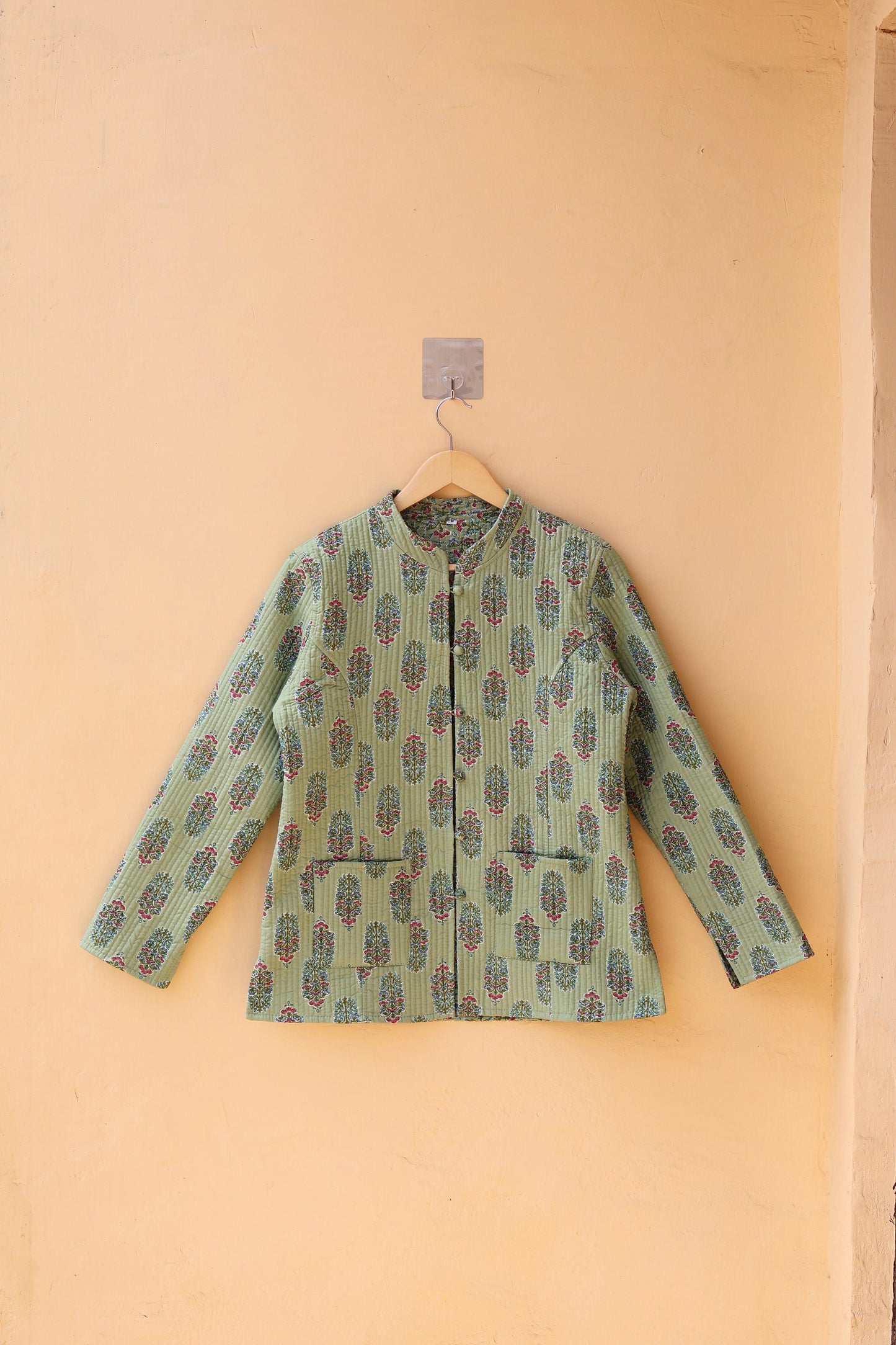 Indian Handmade Quilted Cotton Kantha Jacket Stylish Green Floral Women's Coat, Reversible Waistcoat for Her