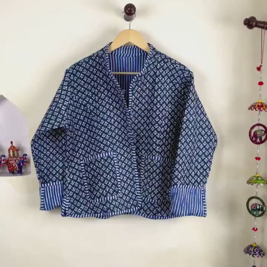 HandBlock Printed Quilted Cotton Jackets | Blue & White Indigo Print Women's Coat | Reversible Bohemian Style Indian Handmade Quilted Jacket