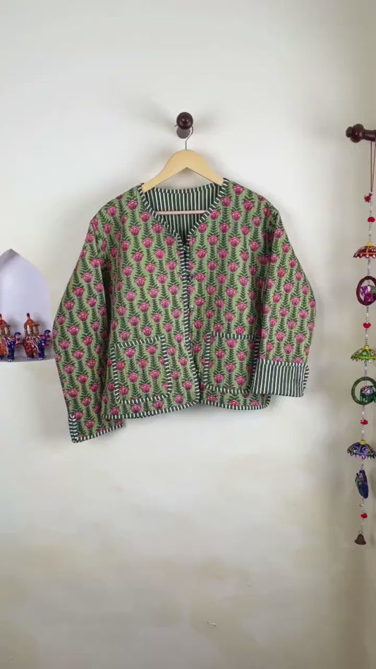 Indian HandBlock Printed Quilted Cotton Jackets | Green Floral Women's Coat | Reversible Bohemian Style Handmade Quilted Jackets