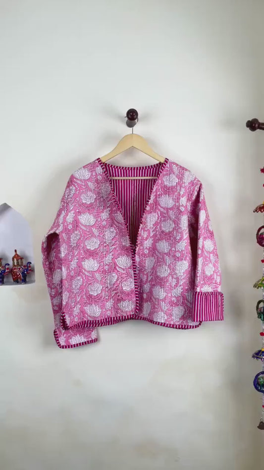 HandBlock Printed Quilted Cotton Jackets | Pink & White Floral Women's Coat | Reversible Bohemian Style Indian Handmade Quilted Jackets