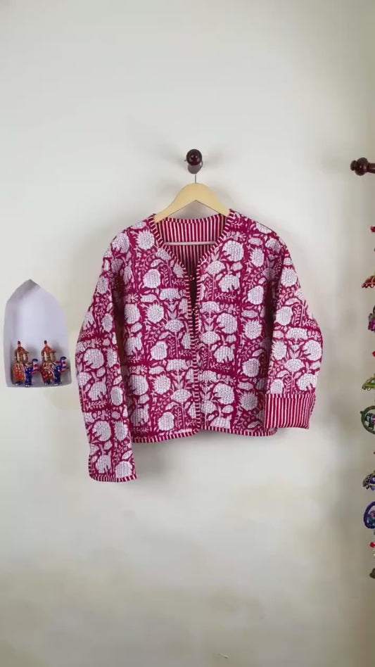 HandBlock Printed Quilted Cotton Jackets | White & Red Floral Women's Coat | Reversible Bohemian Style Indian Handmade Quilted Jackets