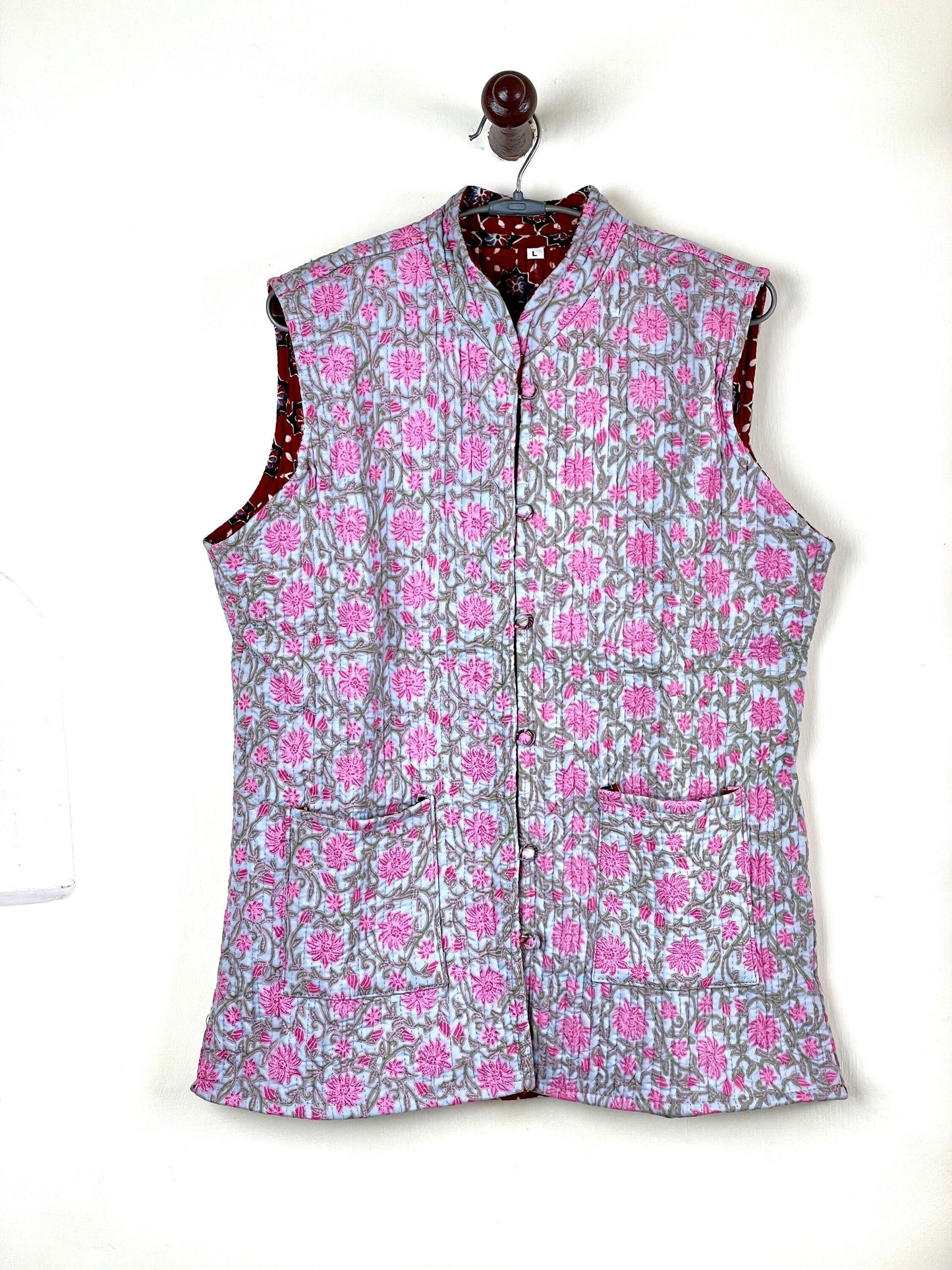 Indian Handmade Quilted Cotton Sleeveless Jacket Grey & Pink Stylish Women's Coat, Reversible Jacket for Her