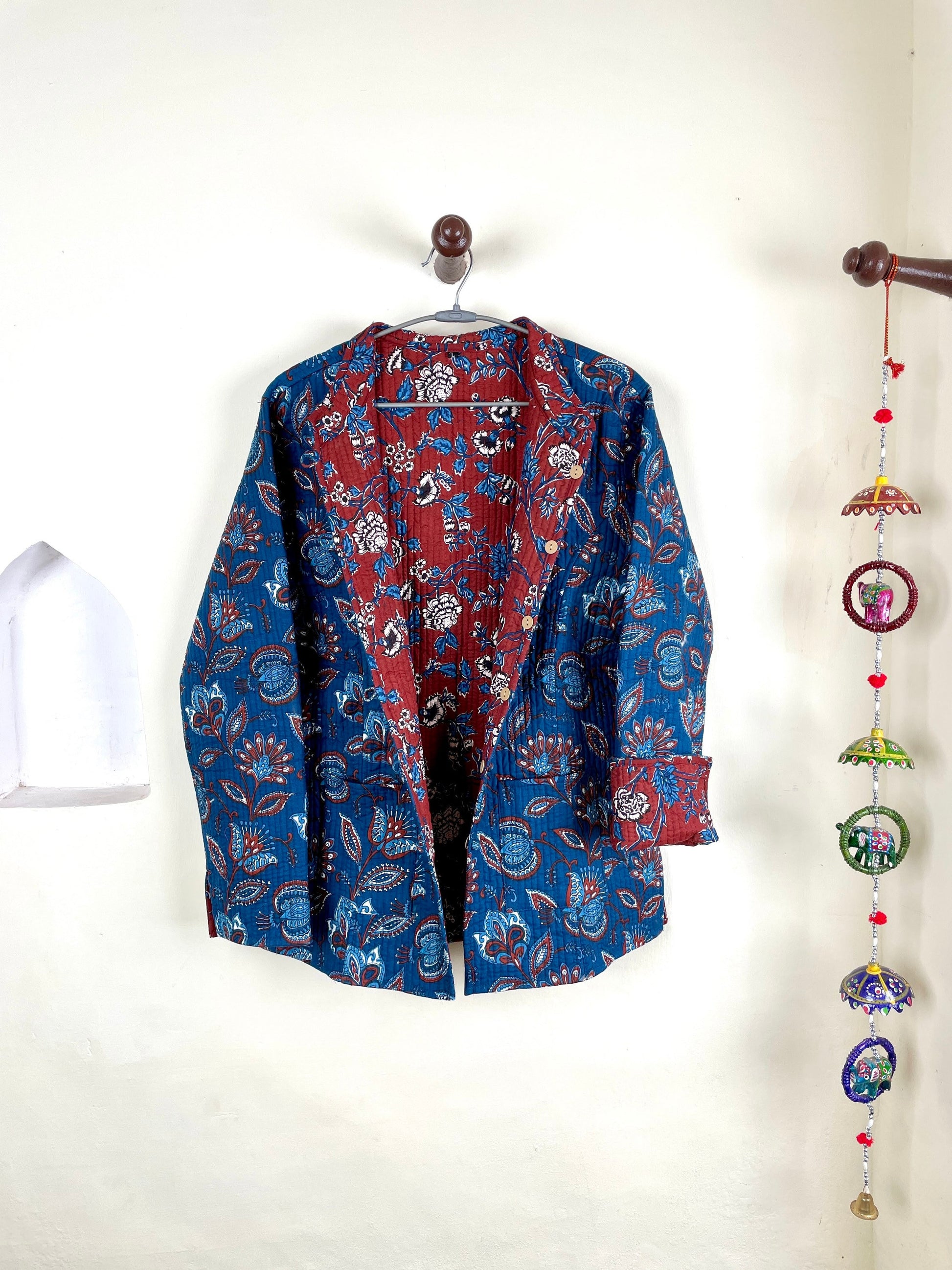 Indian Handmade Quilted Cotton Fabric Jacket Stylish Blue & Red Floral Women's Coat, Reversible Waistcoat for Her