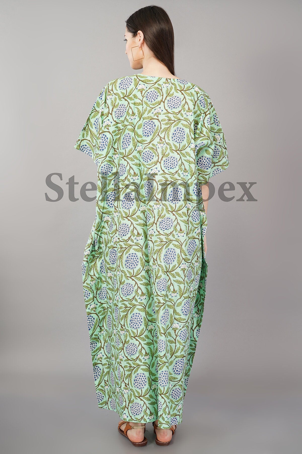 Trendy Handblock Cotton Kaftan, Elegant Green & Blue Floral Long Caftan Resort Wear Beach Dress Boho Kaftan, Gift for Her