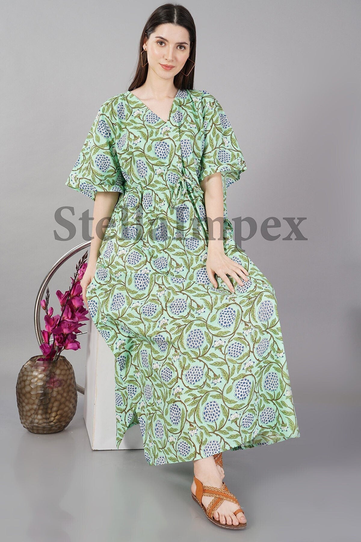 Trendy Handblock Cotton Kaftan, Elegant Green & Blue Floral Long Caftan Resort Wear Beach Dress Boho Kaftan, Gift for Her