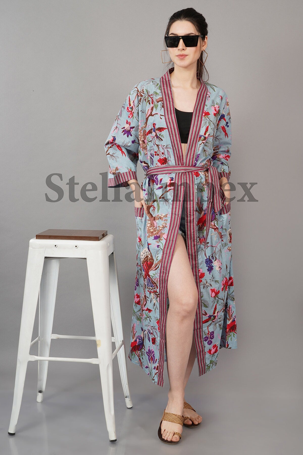 Trendy Cotton Kimono Elegant Grey & Red Bathrobe Resort Wear Beach Bikini Cover-ups Boho Kimono Bathrobe, Gift for Her