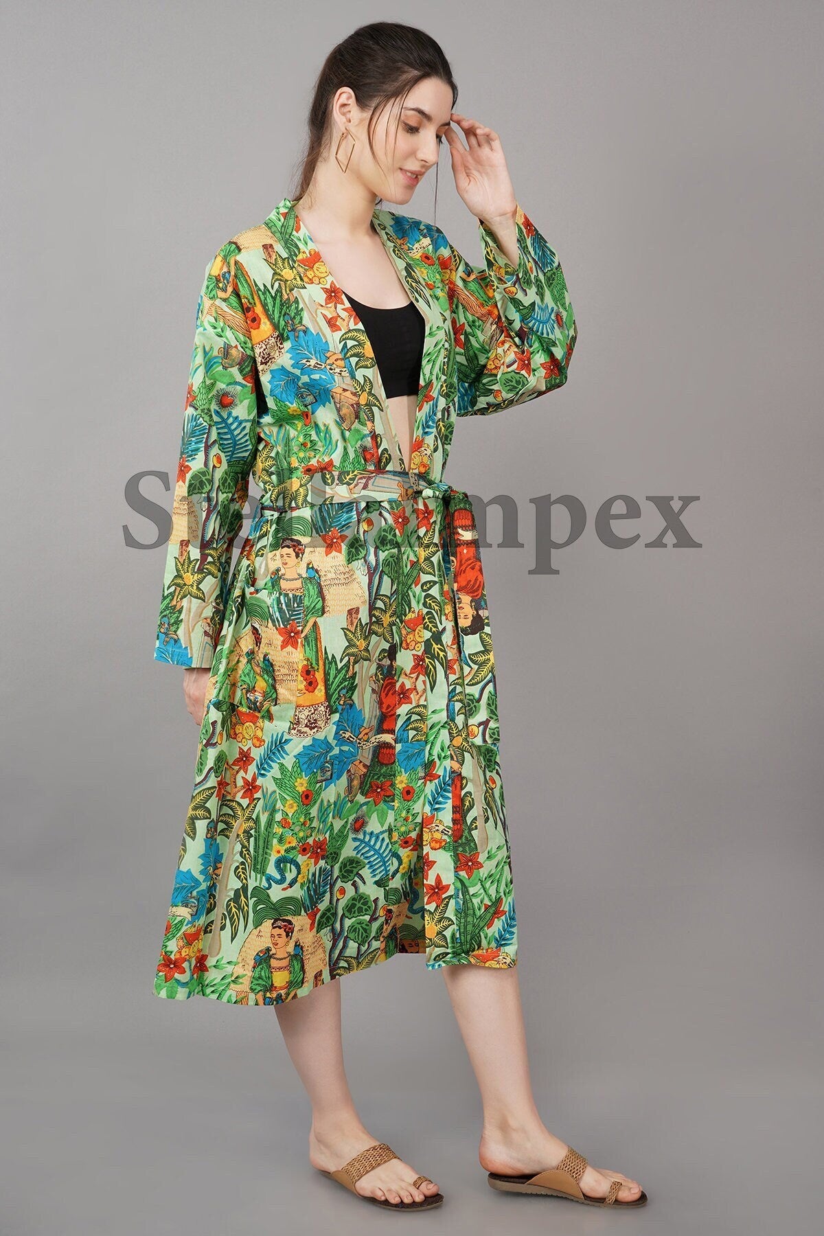 Trendy Cotton Kimono Elegant Green Bathrobe Resort Wear Beach Bikini Cover-ups Boho Kimono Bathrobe, Gift for Her