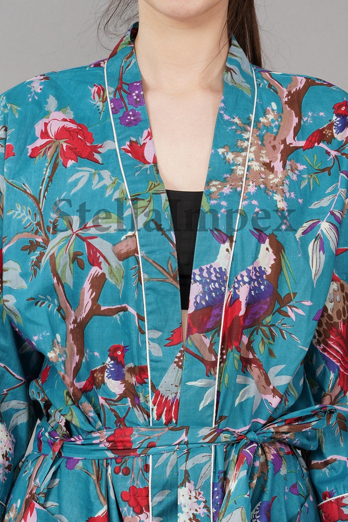 Trendy Cotton Kimono Elegant Blue & Red Floral Bathrobe Resort Wear Beach Bikini Cover-ups Boho Kimono Bathrobe, Gift for Her
