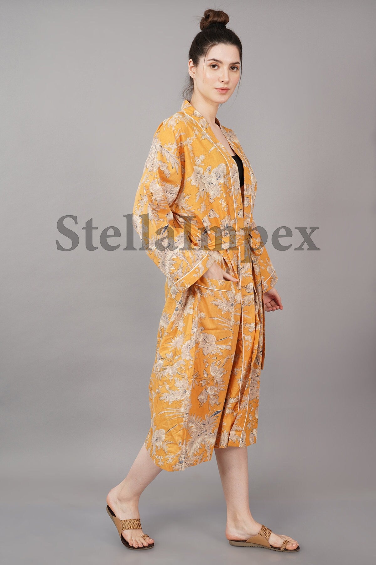 Indian Handmade Cotton Kimono Elegant Yellow & White Floral Bathrobe Resort Wear Beach Bikini Cover-ups Boho Kimono Bathrobe, Gift for Her