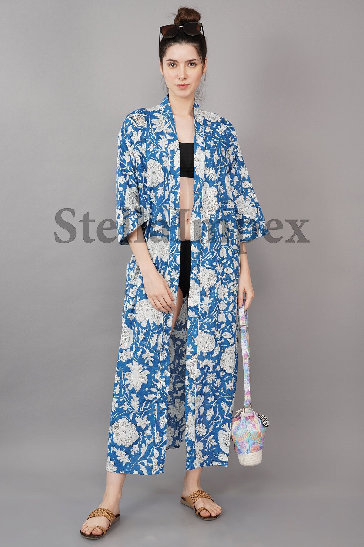 Indian Handmade Cotton Kimono Elegant Blue & White Floral Bathrobe Resort Wear Beach Bikini Cover-ups Boho Kimono Bathrobe, Gift for Her