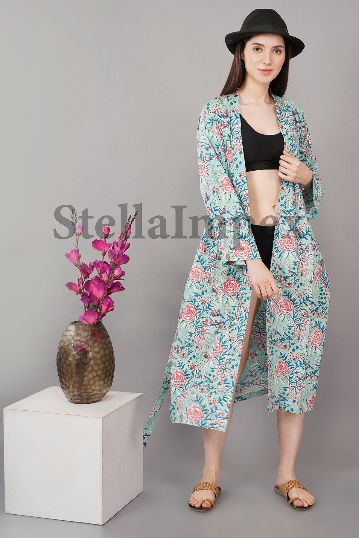Trendy Cotton Kimono Elegant Blue & Pink Floral Bathrobe Resort Wear Beach Bikini Cover-ups Boho Kimono Bathrobe, Gift for Her