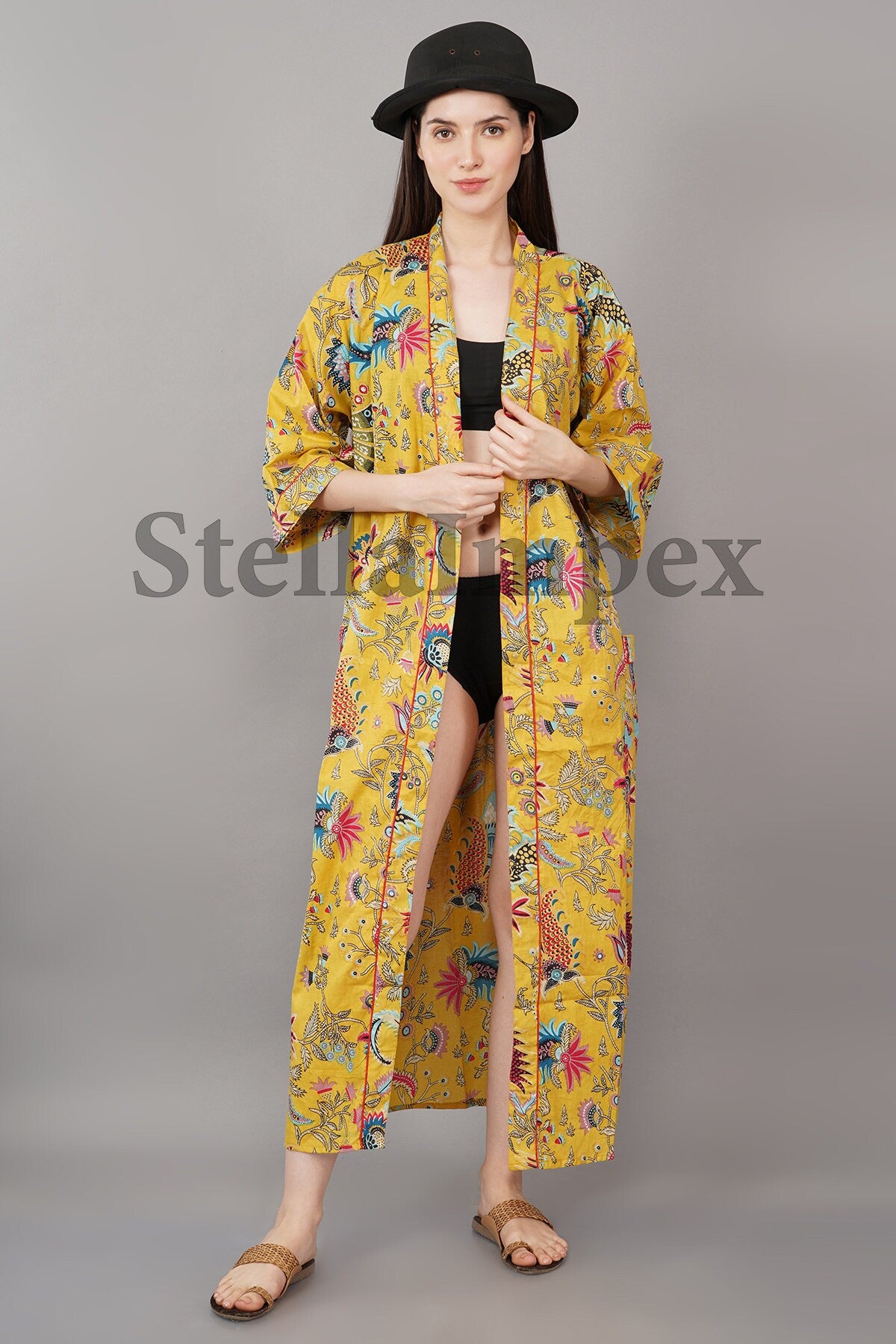 Yellow Print Elegant Cotton Kimono Bathrobe Resort Wear Beach Bikini Cover-ups Boho Kimono Bathrobe, Gift for Her
