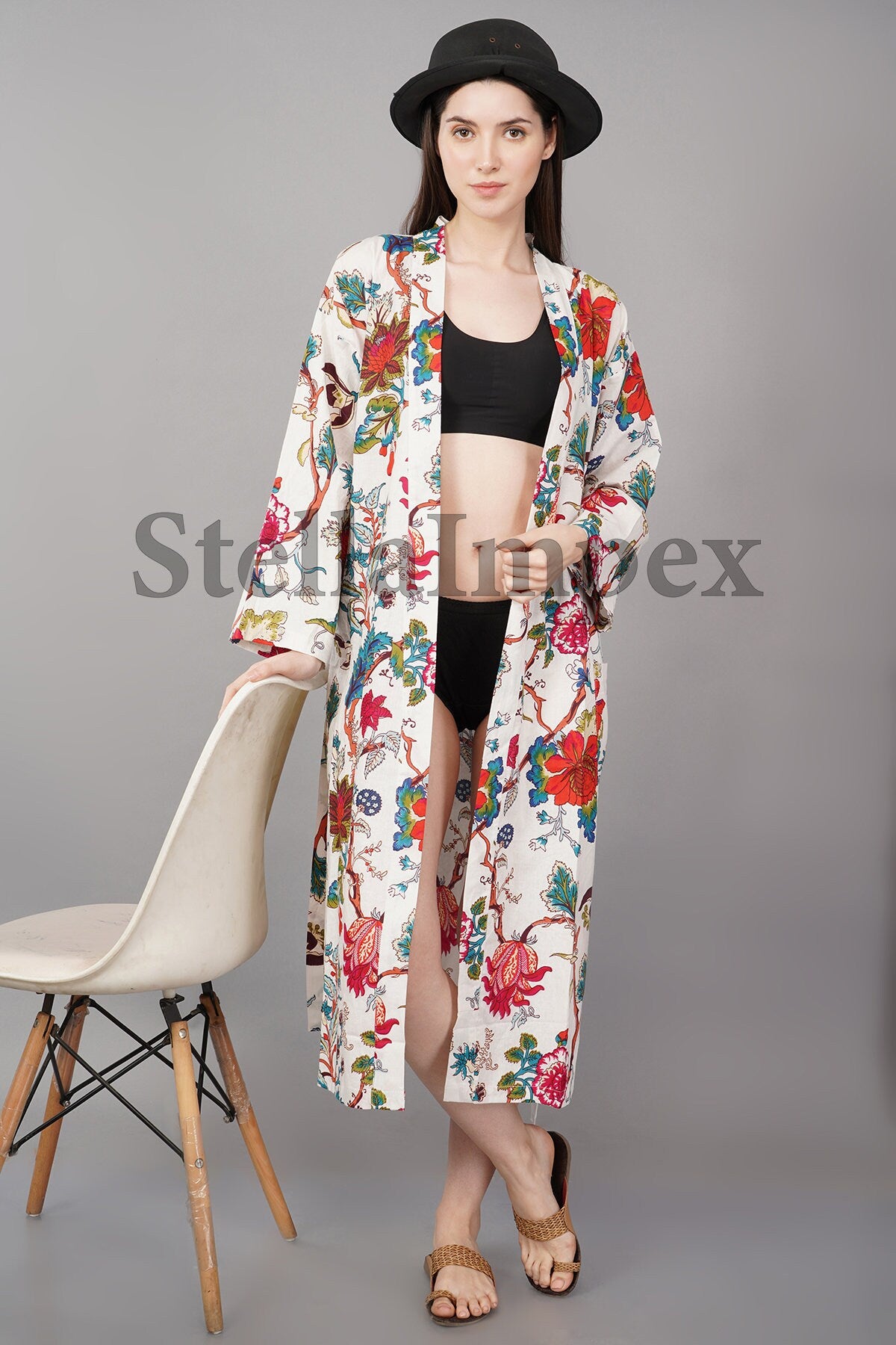 Trendy Cotton Kimono Elegant White Floral Bathrobe Resort Wear Beach Bikini Cover-ups Boho Kimono Bathrobe, Gift for Her