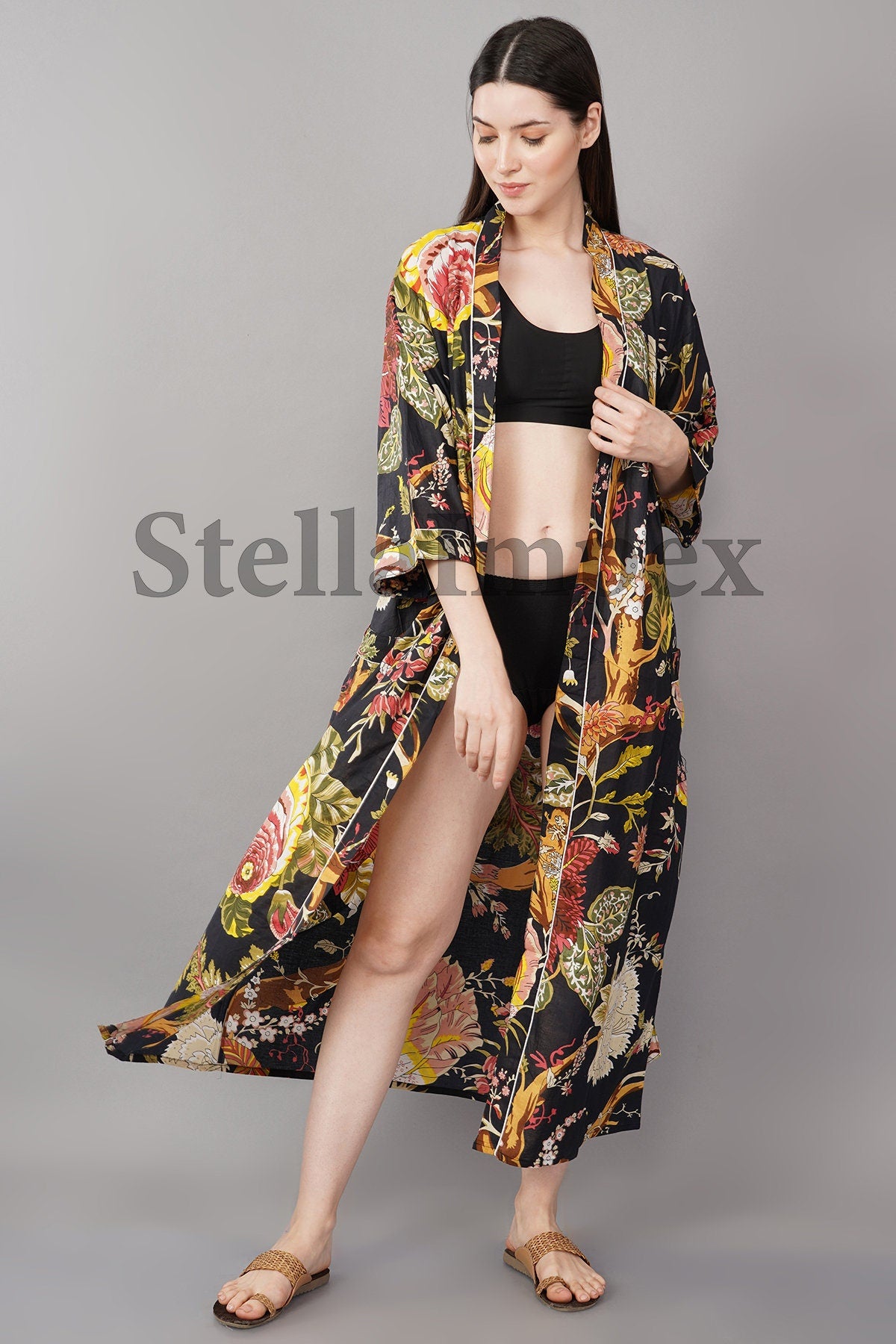 Trendy Cotton Kimono Elegant Black Floral Bathrobe Resort Wear Beach Bikini Cover-ups Boho Kimono Bathrobe, Gift for Her