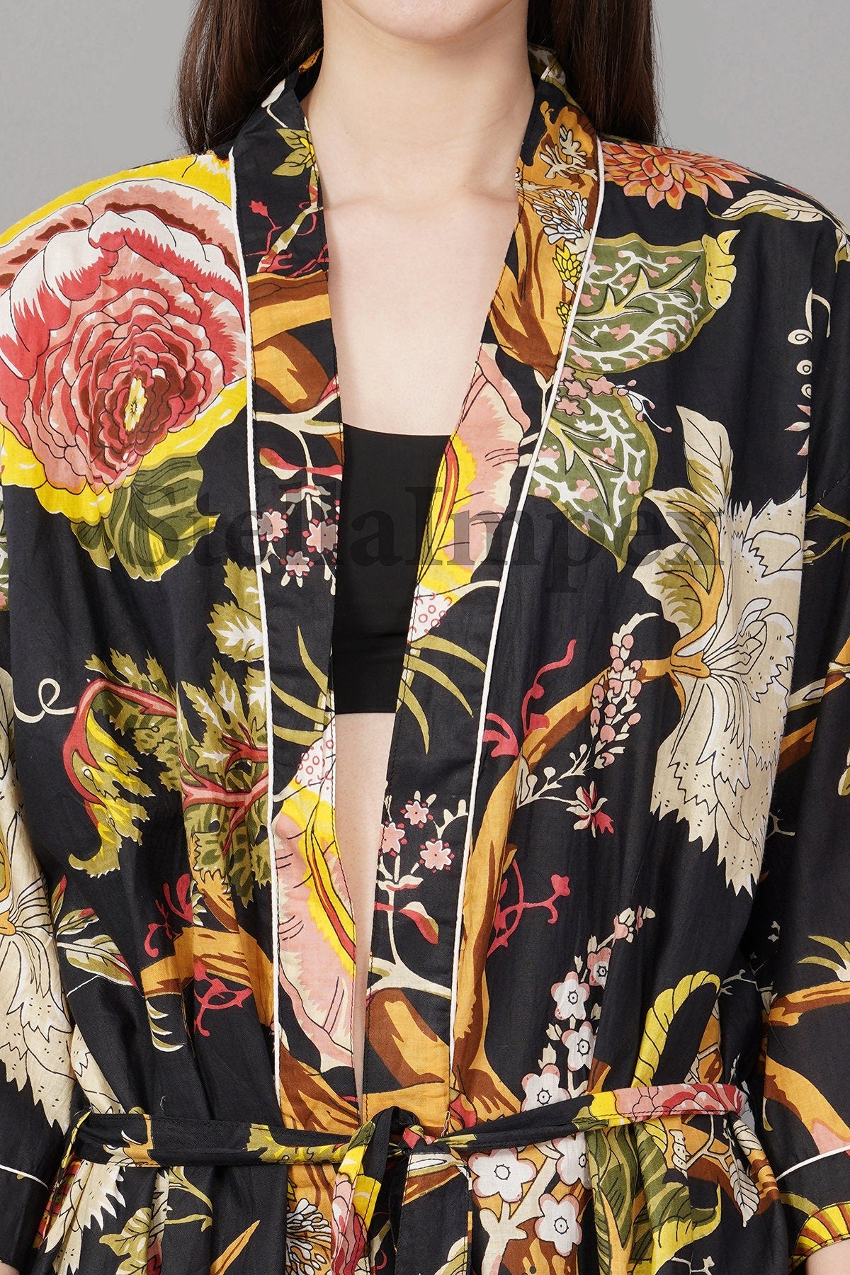 Trendy Cotton Kimono Elegant Black Floral Bathrobe Resort Wear Beach Bikini Cover-ups Boho Kimono Bathrobe, Gift for Her