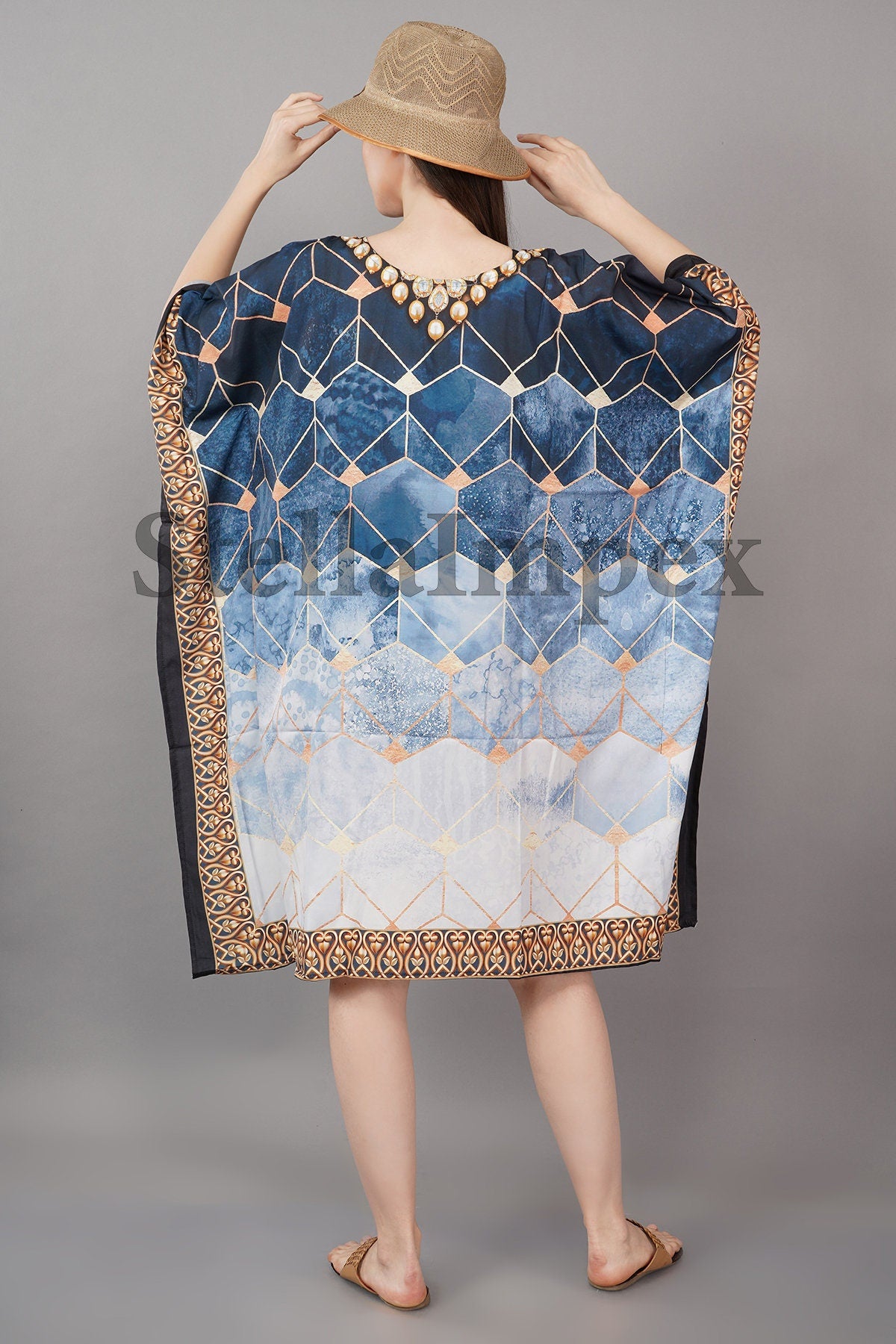 Trendy Crepe Silk Kaftan, Elegant Blue Short Caftan Resort Wear Beach Dress Boho Kaftan, Gift for Her
