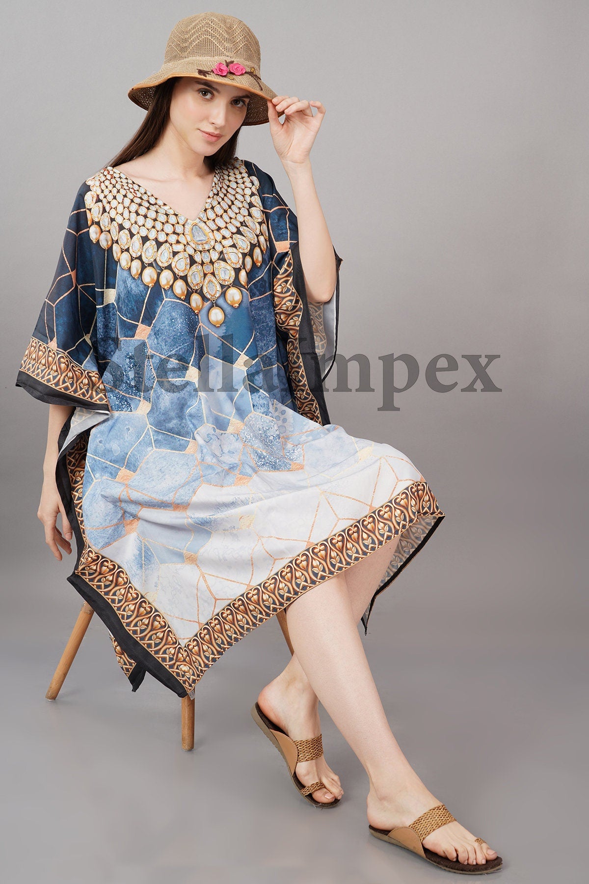 Trendy Crepe Silk Kaftan, Elegant Blue Short Caftan Resort Wear Beach Dress Boho Kaftan, Gift for Her