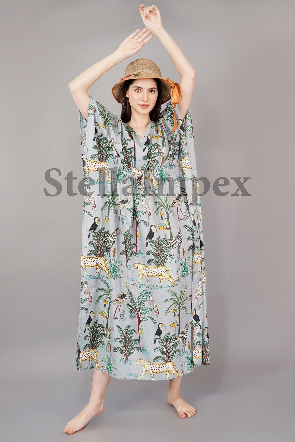 Trendy Polyester Silk Kaftan Elegant Grey Long Caftan Resort Wear Beach Dress Boho Kaftan, Gift for Her