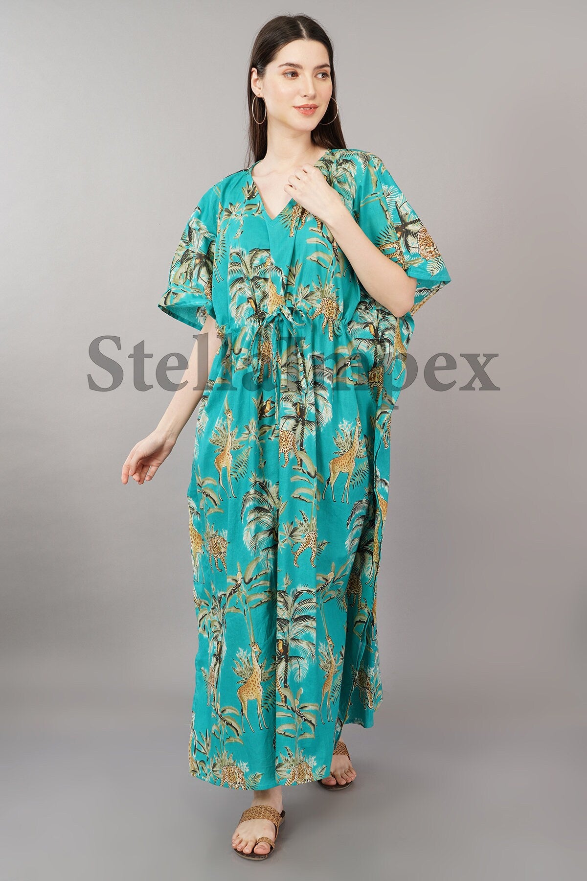 Trendy Cotton Kaftan Elegant Blue Printed Long Caftan Resort Wear Beach Dress Boho Kaftan, Gift for Her