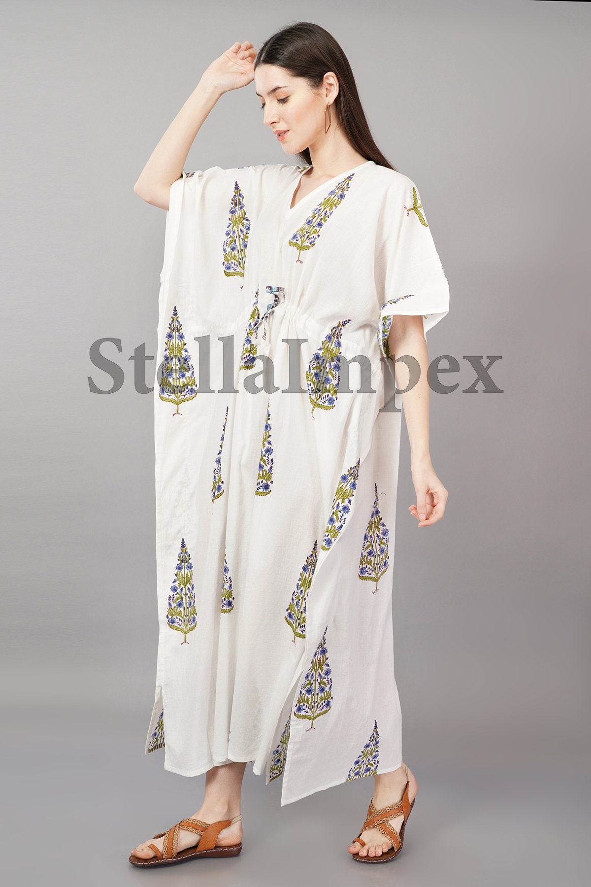 Trendy Hand block Printed Cotton Kaftan Elegant White Long Caftan Resort Wear Beach Dress Boho Kaftan, Gift for Her
