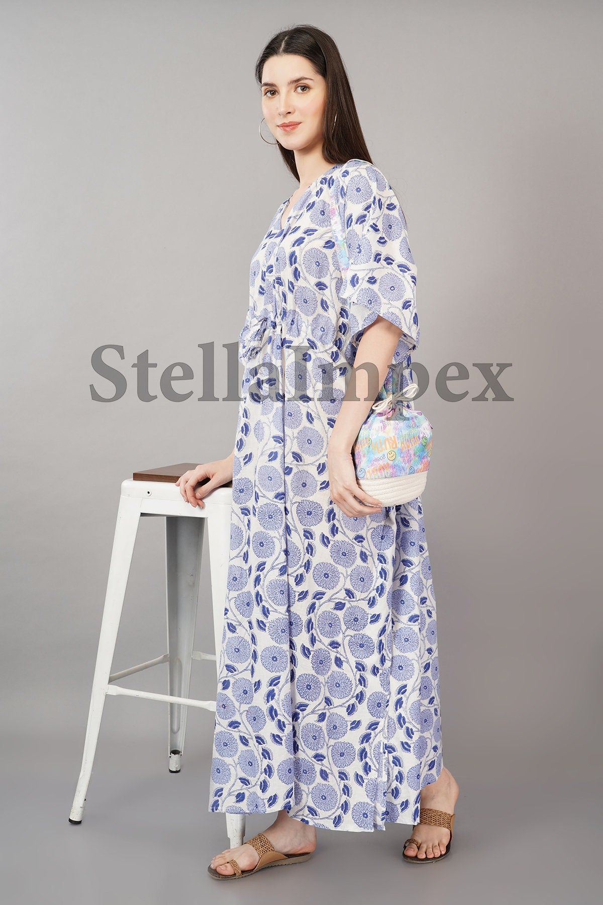 Trendy Cotton Kaftan Elegant White & Blue Floral Long Caftan Resort Wear Beach Dress Boho Kaftan, Gift for Her