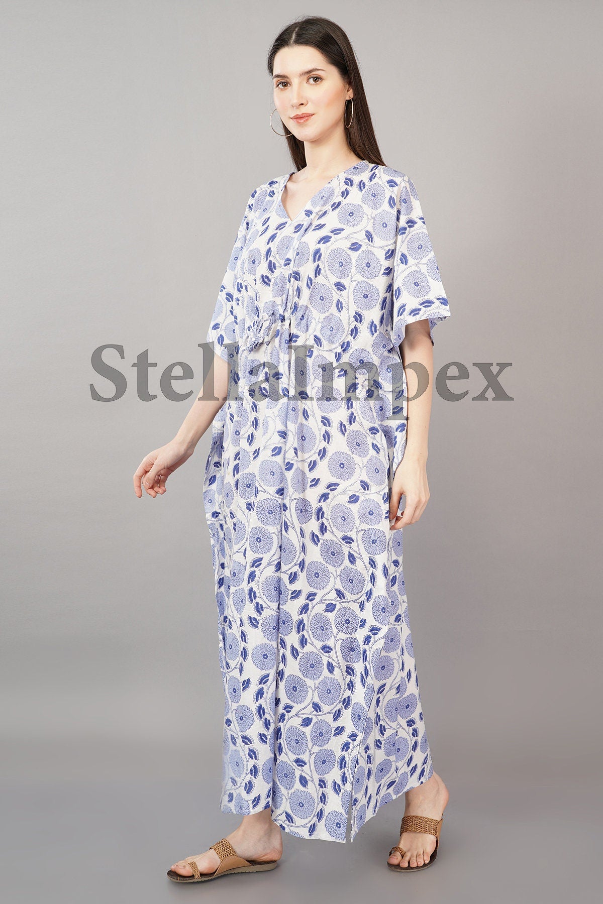 Trendy Cotton Kaftan Elegant White & Blue Floral Long Caftan Resort Wear Beach Dress Boho Kaftan, Gift for Her