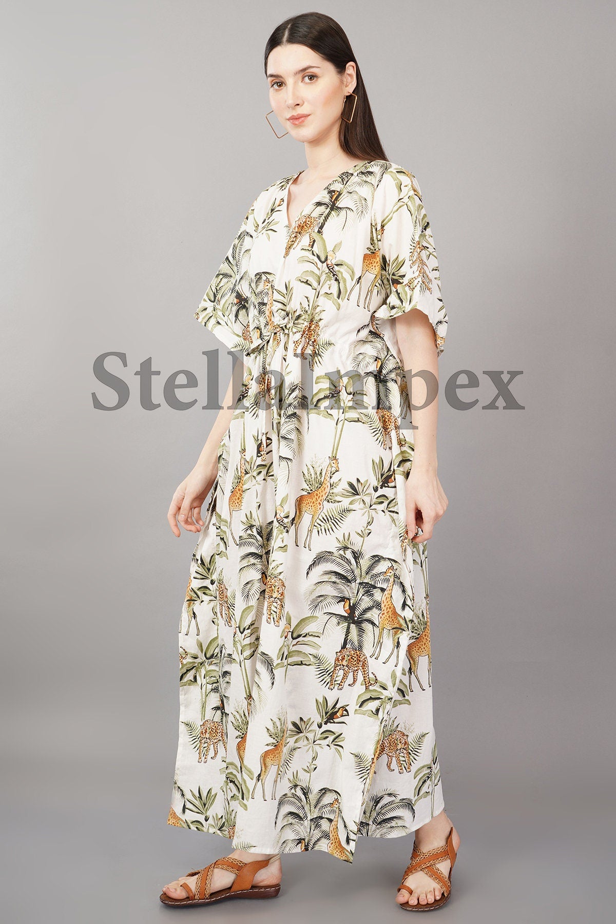 Trendy Handmade Cotton Kaftan Elegant White Leopard Print Long Caftan Resort Wear Beach Dress Boho Kaftan, Gift for Her