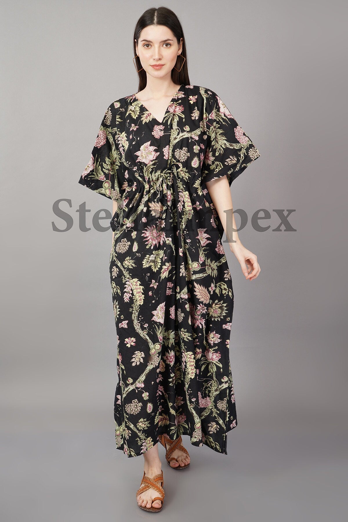 Trendy Handmade Cotton Kaftan Elegant Black & Pink Floral Long Caftan Resort Wear Beach Dress Boho Kaftan, Gift for Her