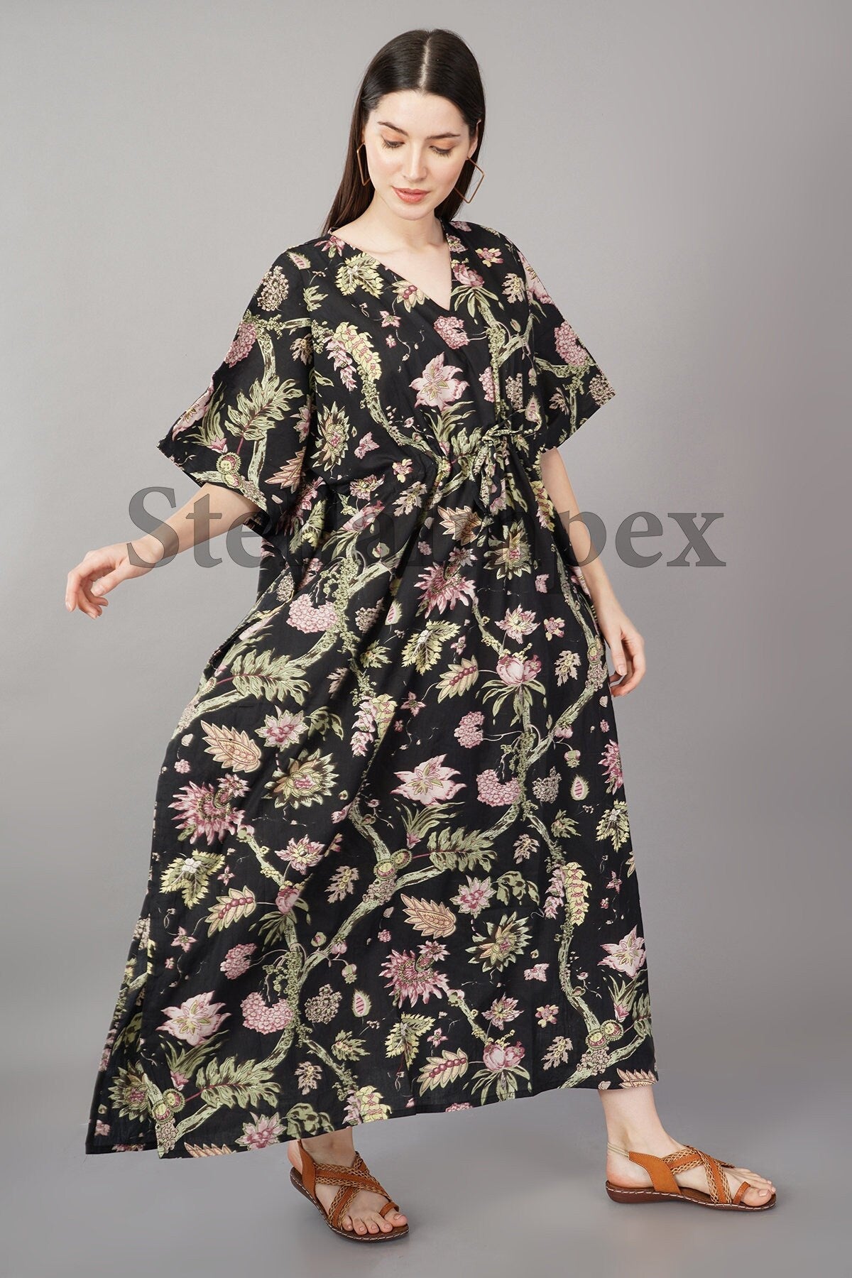 Trendy Handmade Cotton Kaftan Elegant Black & Pink Floral Long Caftan Resort Wear Beach Dress Boho Kaftan, Gift for Her