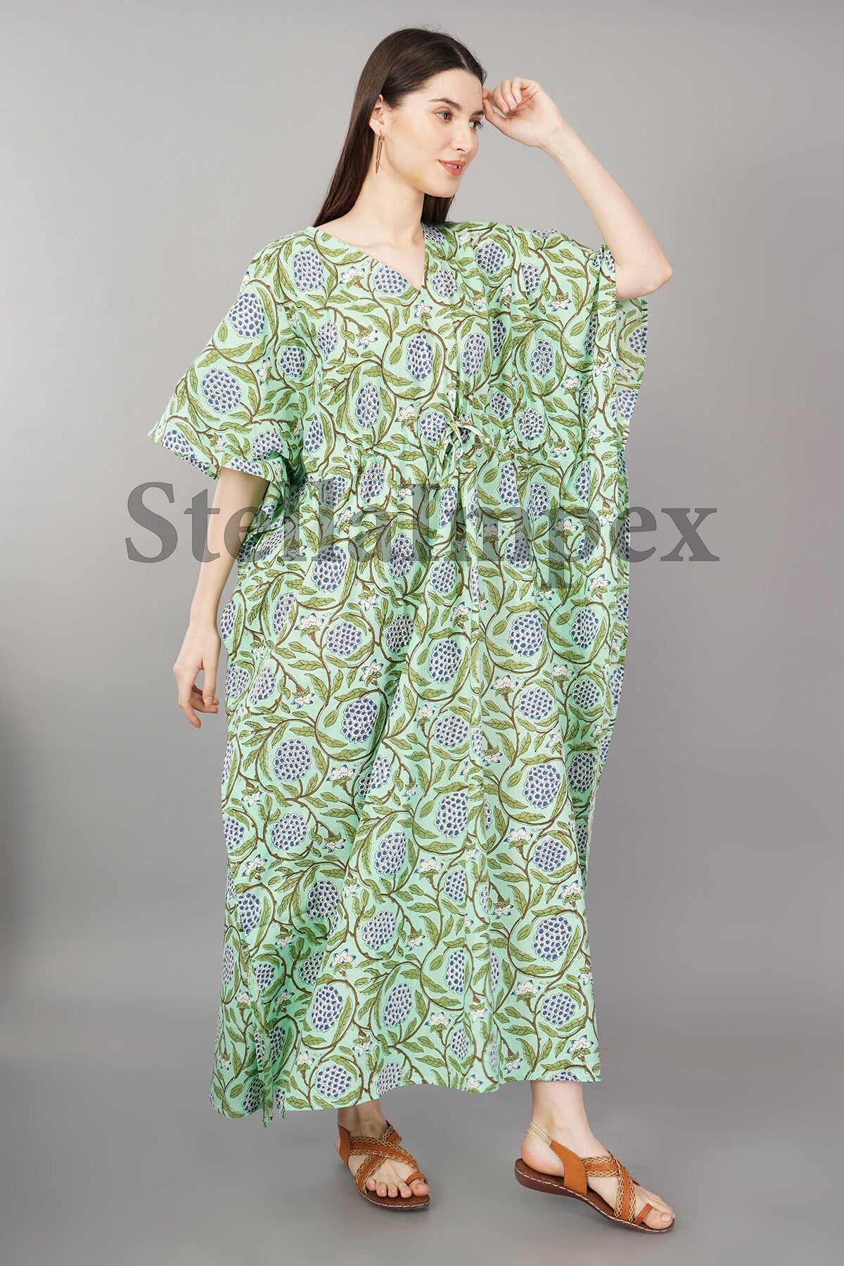 Trendy Handblock Cotton Kaftan, Elegant Green & Blue Floral Long Caftan Resort Wear Beach Dress Boho Kaftan, Gift for Her