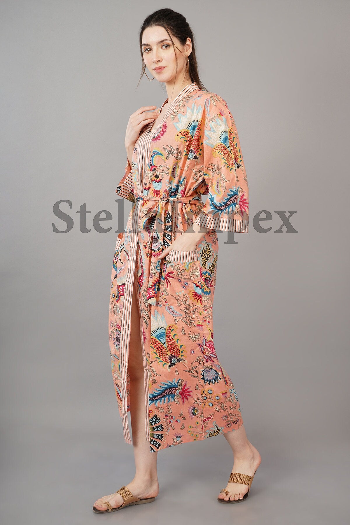 Trendy Cotton Kimono Elegant Peach Floral Bathrobe Resort Wear Beach Bikini Cover-ups Boho Kimono Bathrobe, Gift for Her