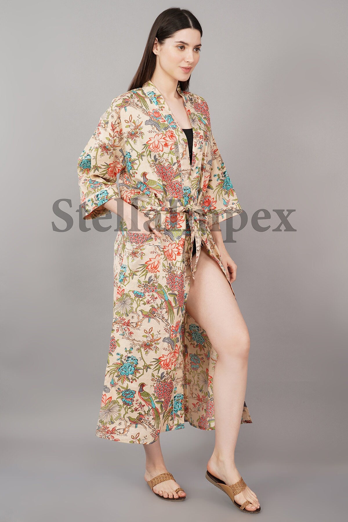 Trendy Cotton Kimono Elegant Multi-Color Floral Bathrobe Resort Wear Beach Bikini Cover-ups Boho Kimono Bathrobe, Gift for Her