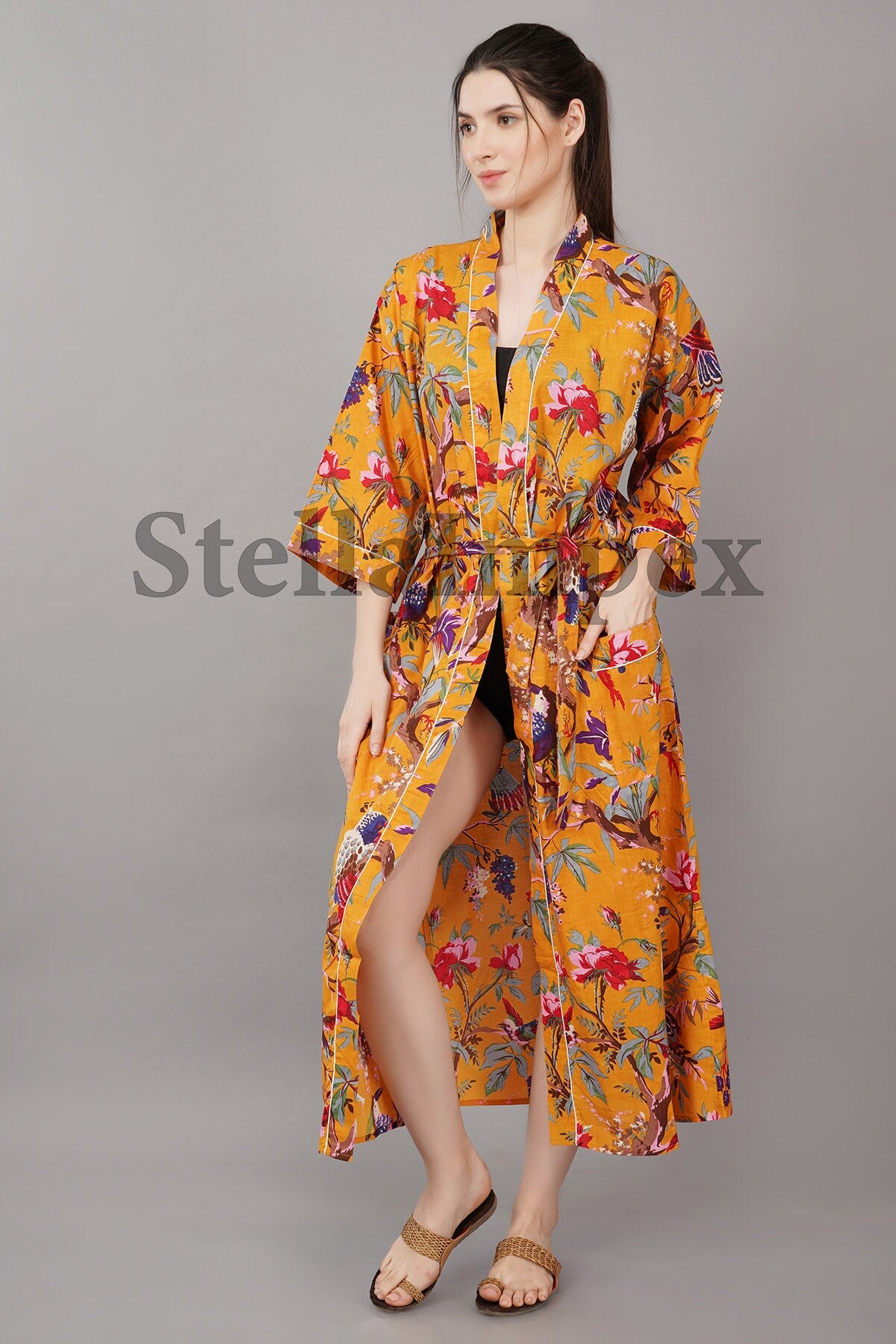 Trendy Cotton Kimono Elegant Bird Print Bathrobe Resort Wear Beach Bikini Cover-ups Boho Kimono Bathrobe, Gift for Her
