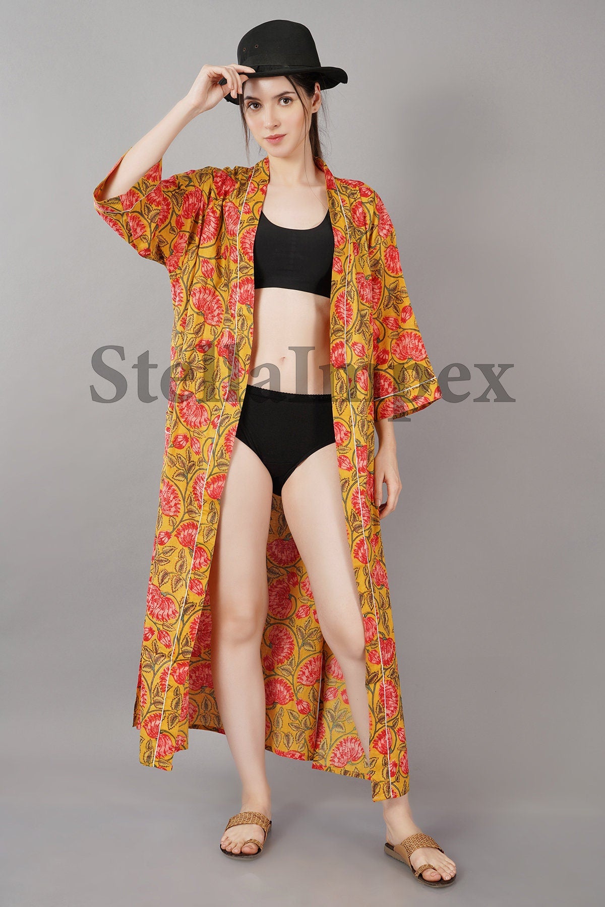 Trendy Cotton Kimono Elegant Yellow & Pink Floral Bathrobe Resort Wear Beach Bikini Cover-ups Boho Kimono Bathrobe, Gift for Her