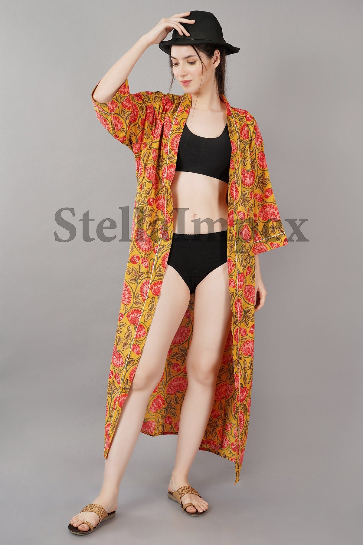 Trendy Cotton Kimono Elegant Yellow & Pink Floral Bathrobe Resort Wear Beach Bikini Cover-ups Boho Kimono Bathrobe, Gift for Her