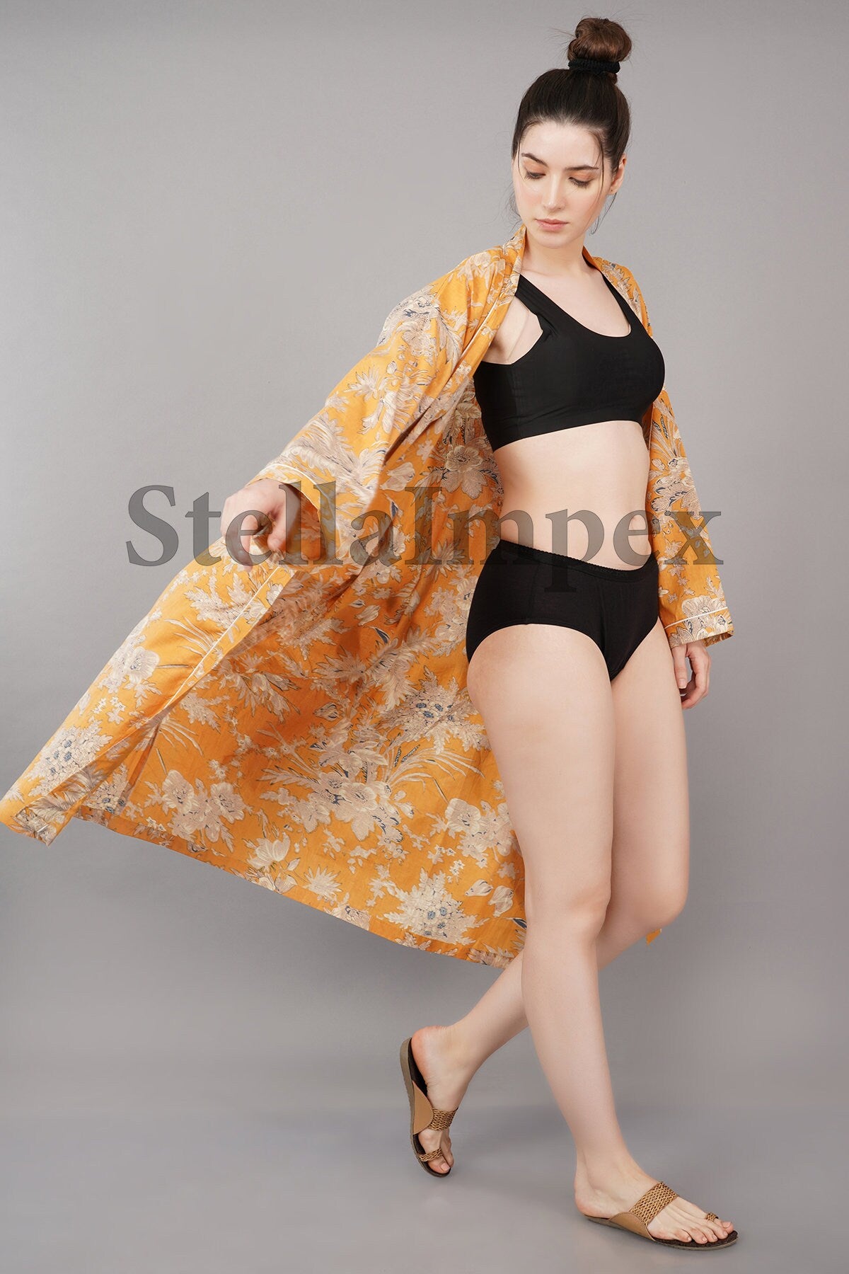 Indian Handmade Cotton Kimono Elegant Yellow & White Floral Bathrobe Resort Wear Beach Bikini Cover-ups Boho Kimono Bathrobe, Gift for Her
