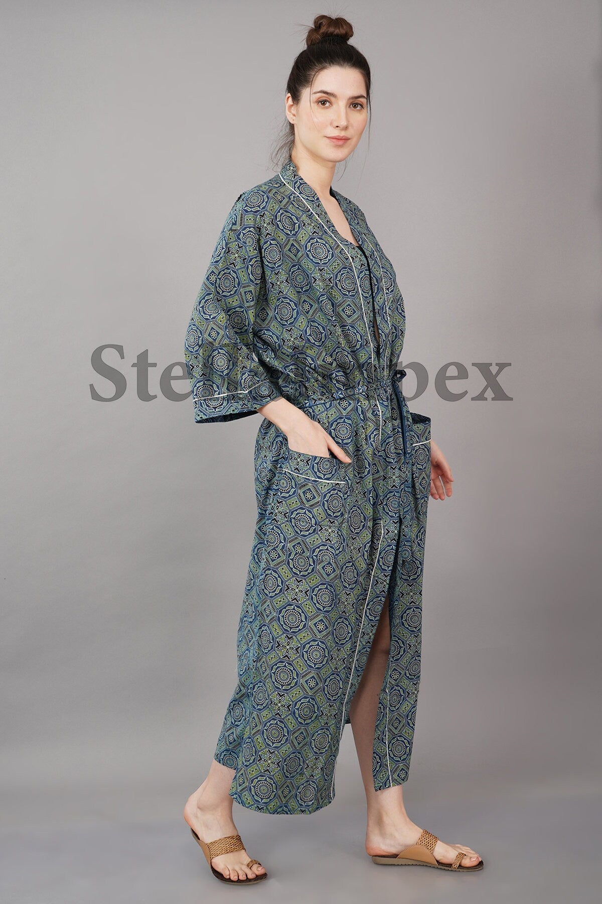 Indian Handmade Cotton Kimono Elegant Blue & Green Bathrobe Resort Wear Beach Bikini Cover-ups Boho Kimono Bathrobe, Gift for Her